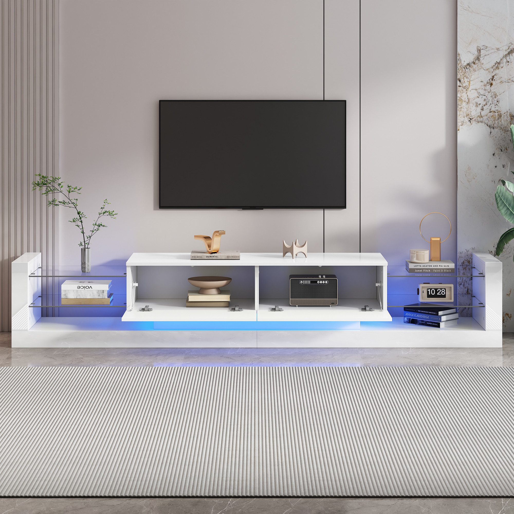 STILVORA Wohnzimmer-Set mit LED-Licht,TV-Schrank TV-Regal Hochglanz mit Glasfront&Klapptüren, (TV-Board, Fernsehtisch, TV-Ständer, 1-St., zwei klapptür), für Fernseher bis 80 Zoll