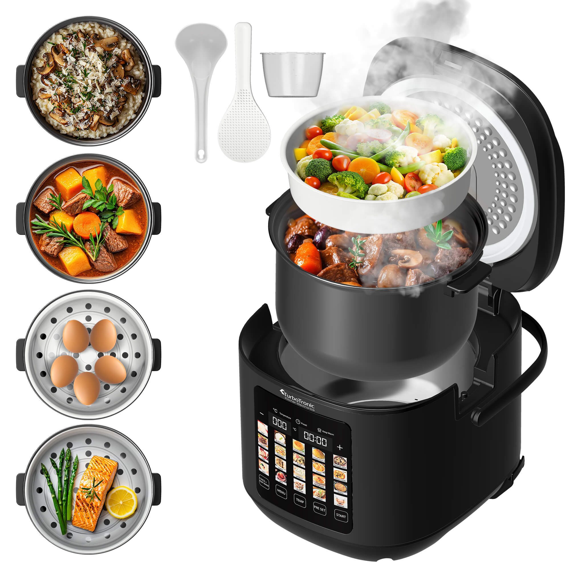 TurboTronic by Z-Line Multikocher elektrischer Dampf- und Schongarer Reiskocher Slow Cooker Schwarz, 860 W, 5 l Schüssel, 20in1 Schnellkochtopf perfekter Reis 5l Topf Keramikbeschichtung