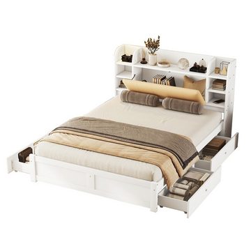 Welikera Bett 160*200cm Flachbett,Teilweise Aufklappbares Kopfteil,Vier Schubladen, Holzbett,Mehrere Staufächer,Weiß
