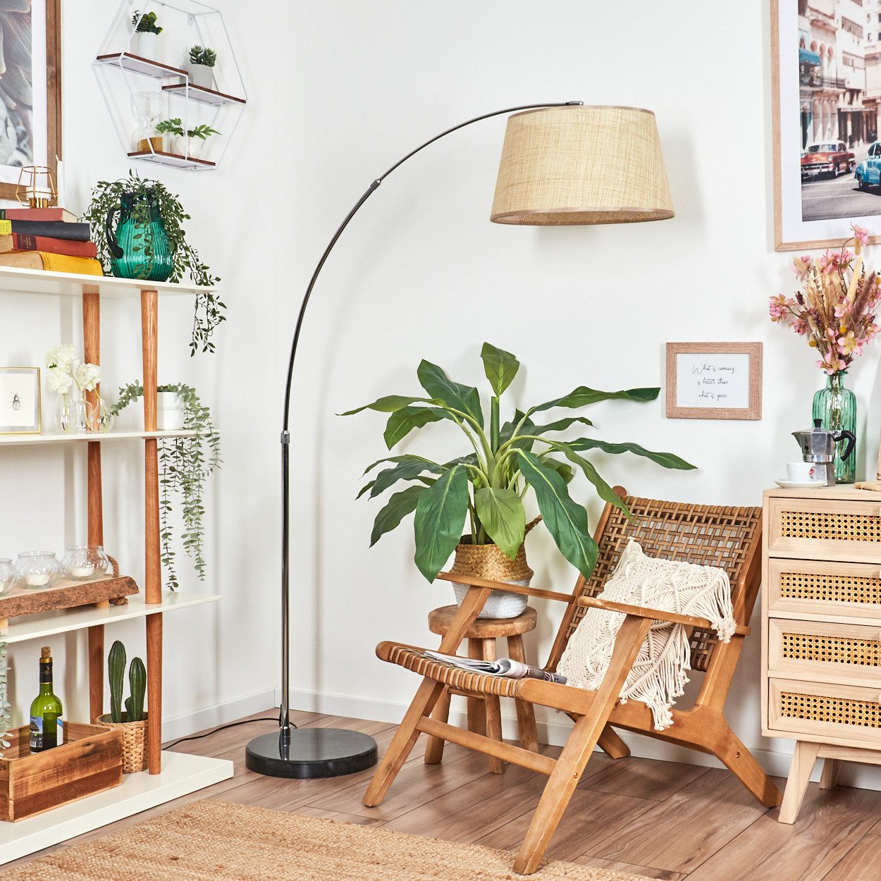 hofstein Bogenlampe Stehlampe aus Metall/Papiergeflecht/Stoff in Schwarz/Chrom/Natur/Beige, Stehleuchte im Boho-Design mit Marmorfuß u. Fußschalter (45 cm), E27