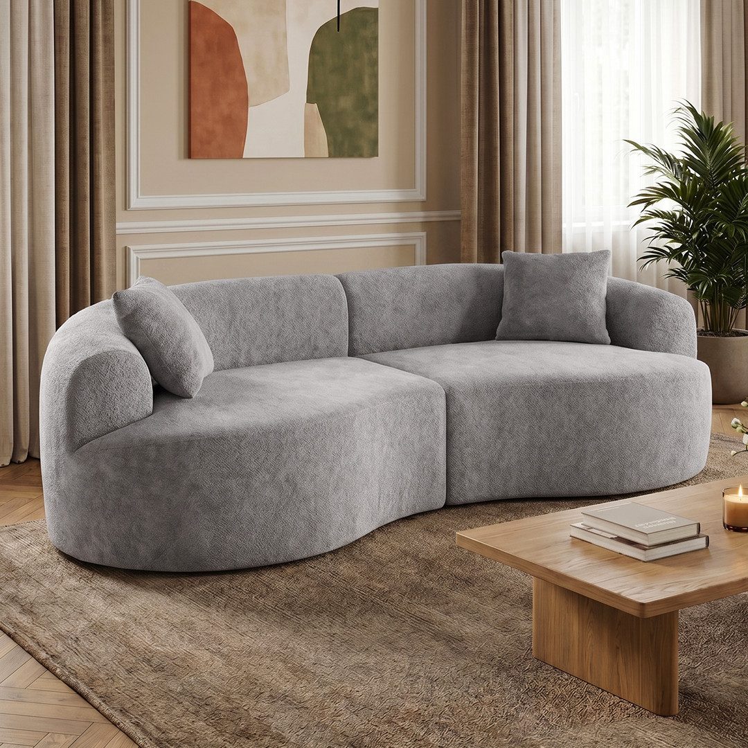 skølm Sofa Loki aus Teddy-Bouclé-Stoff, Vollschaumcouch mit Vakuum-Kompression, Grau, Couch 2 Sitzer mit 2 Kissen, kein Aufbau notwendig