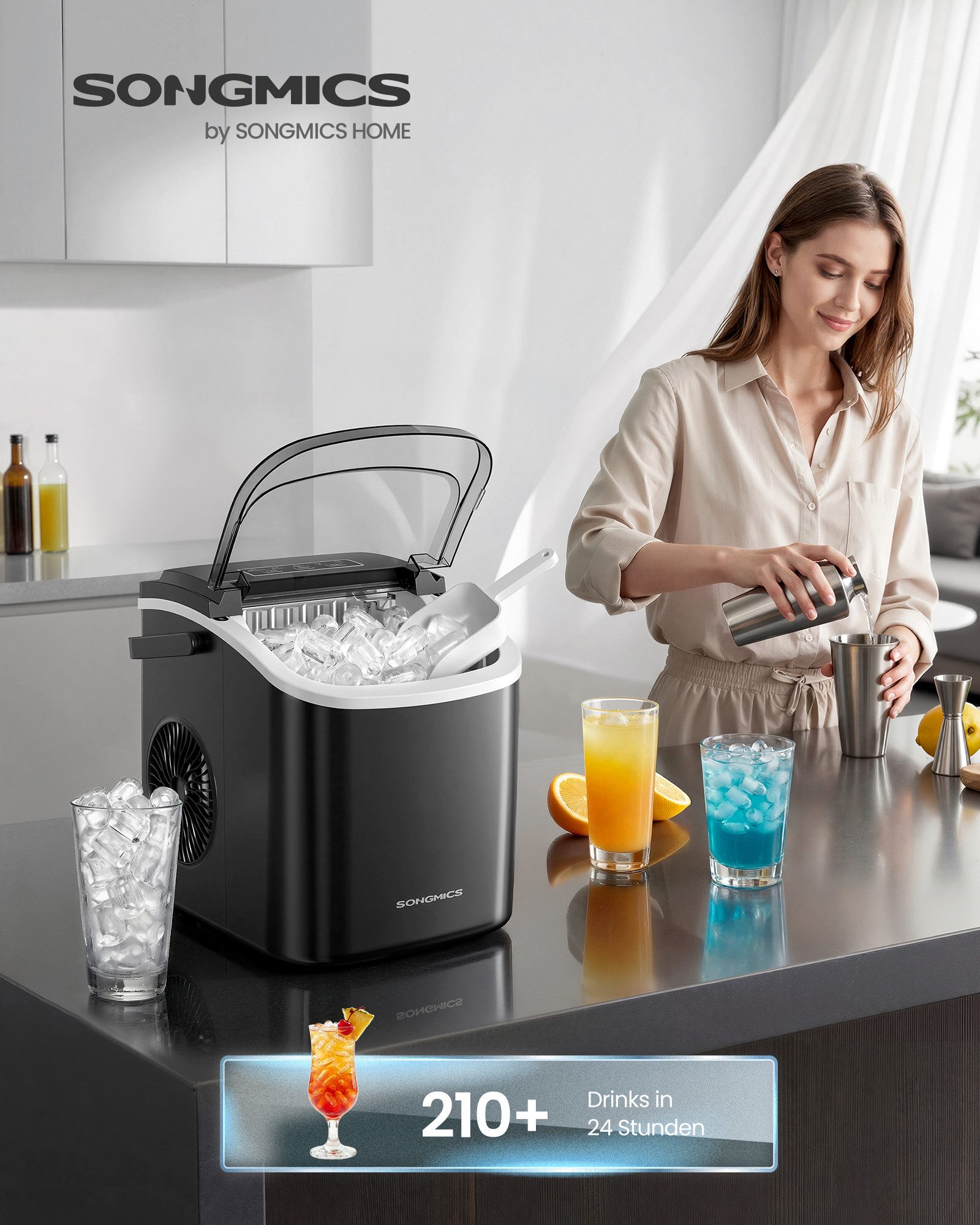 SONGMICS Eiswürfelmaschine mit Selbstreinigung, 9 Eiswürfel in 6 Minuten, 12 kg/24 Stunden, Küche, mit Selbstreinigung, in 6 Minuten 9 Würfel in 2 Größen, WG – Bild 5 von 5