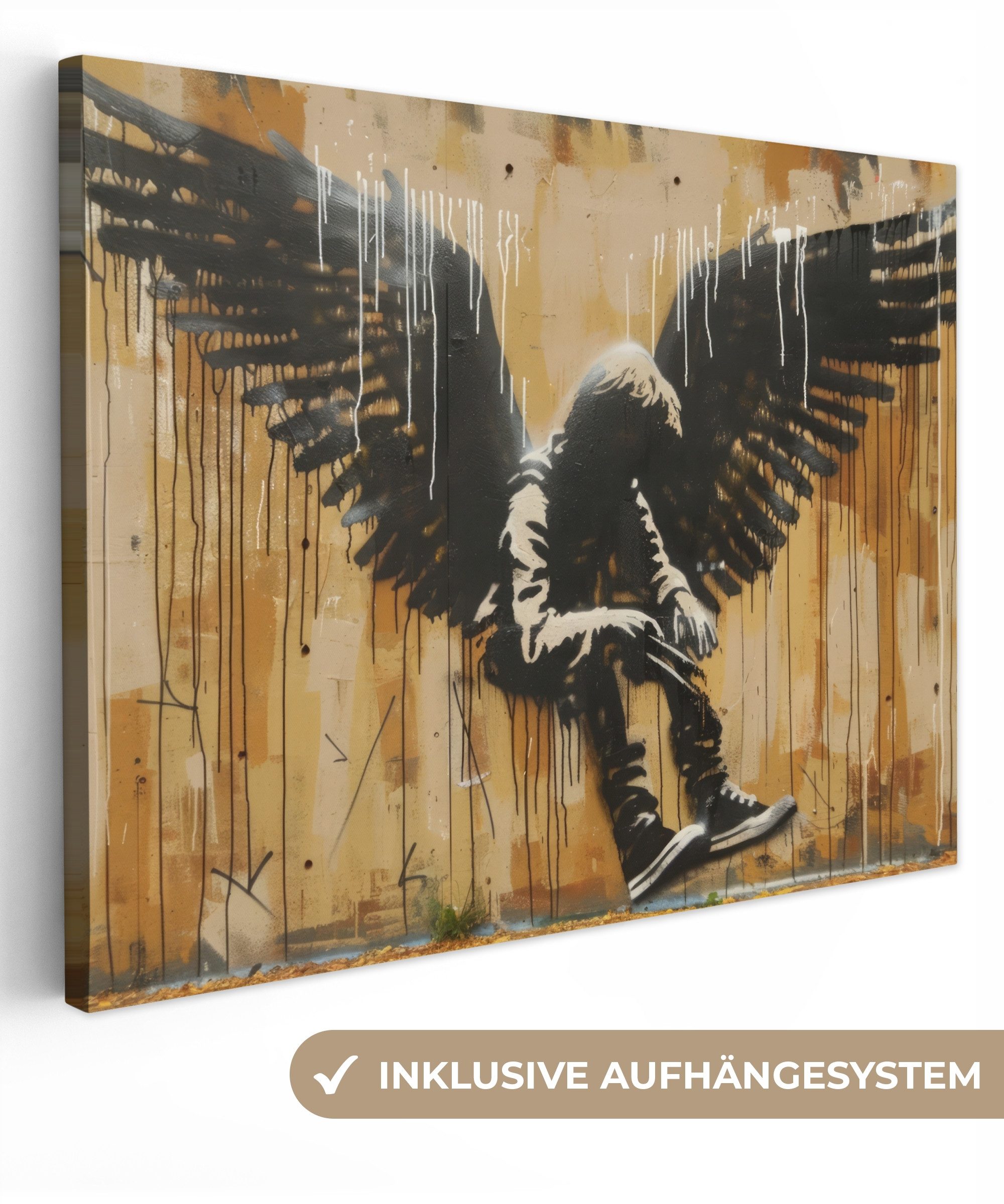 OneMillionCanvasses® Leinwandbild Graffiti - Kunst - Flügel - Straßenkunst - Banksy Style, Fotodruck (1 St), Wandbild Leinwandbilder, Aufhängefertig, Wanddeko 40x30 cm