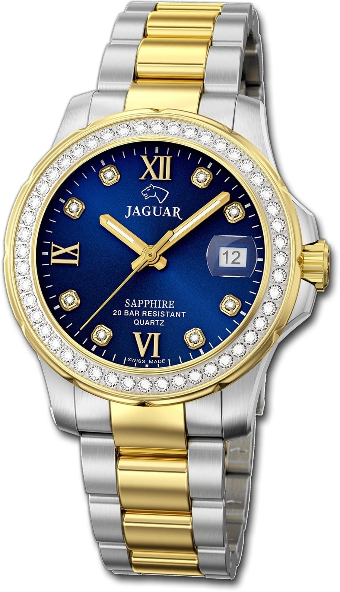 JAGUAR Quarzuhr (ca. Edelstahl rundes Analog, Jaguar mit Uhr mittel Damenuhr Edelstahlarmband, J893/2 34mm), Damen Gehäuse, Fash