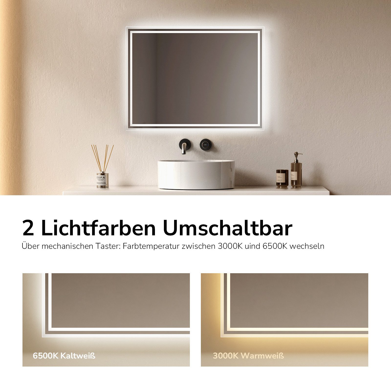 EMKE Badspiegel mit Beleuchtung und Beleuchtung,LED Spiegel mit 2 Lichtfarben dimmbar (Vertikal Horizontal möglich, Beschlagfrei, 2 Lichtfarben), Wandspiegel IP44