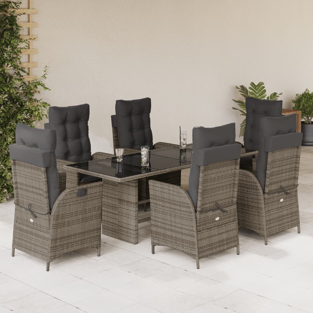 vidaXL Garten-Essgruppe 7-tlg. Garten-Essgruppe mit Kissen Grau Poly Rattan, (6-tlg)