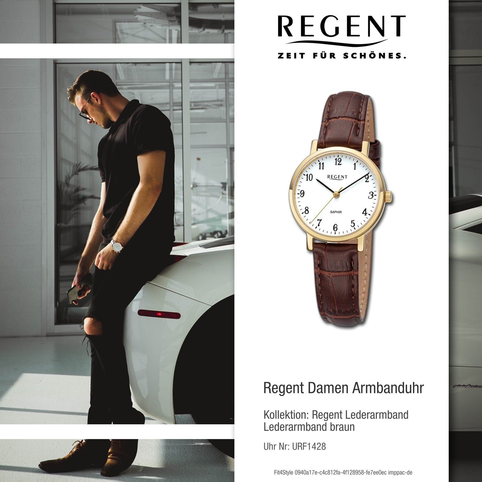 Regent Quarzuhr Regent Damen (ca. extra Gehäuse, Lederarmband 30mm) Analog, rundes groß braun, Armbanduhr Damenuhr