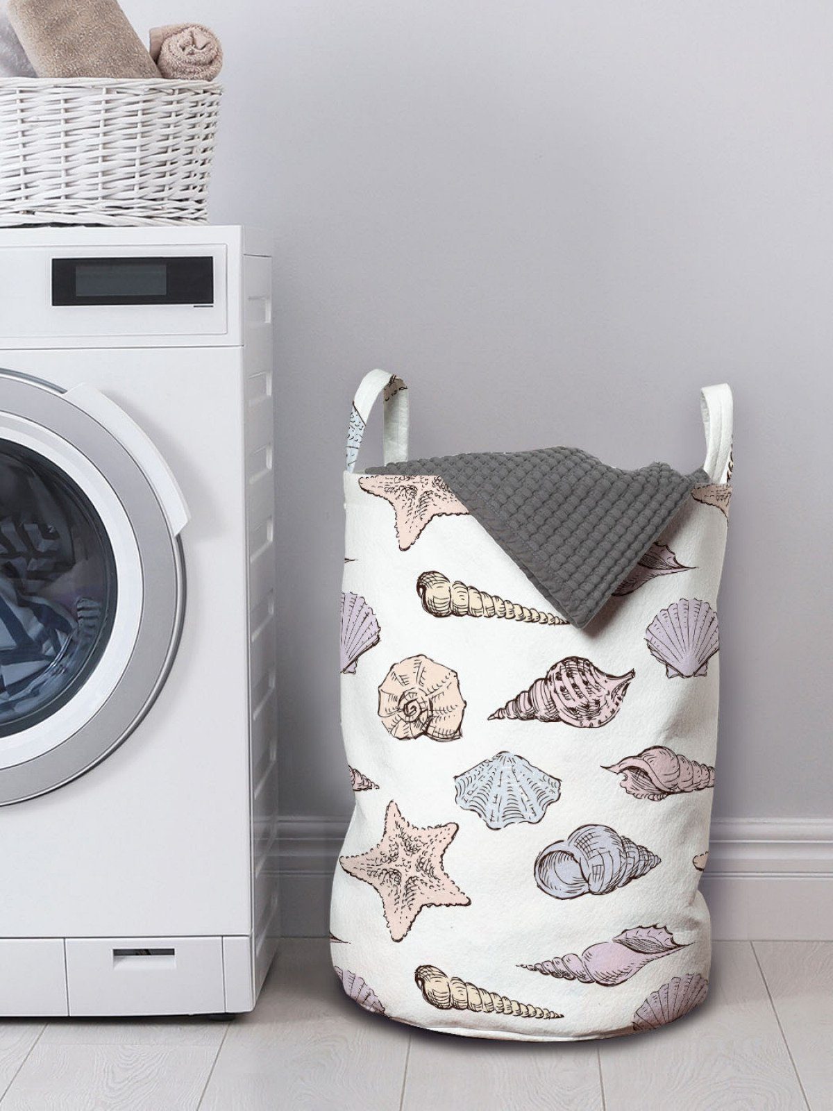 Wäschekorb Waschsalons, Griffen Skizzen Seashell Wäschesäckchen für Meer im mit Abakuhaus Muster Kordelzugverschluss Leben