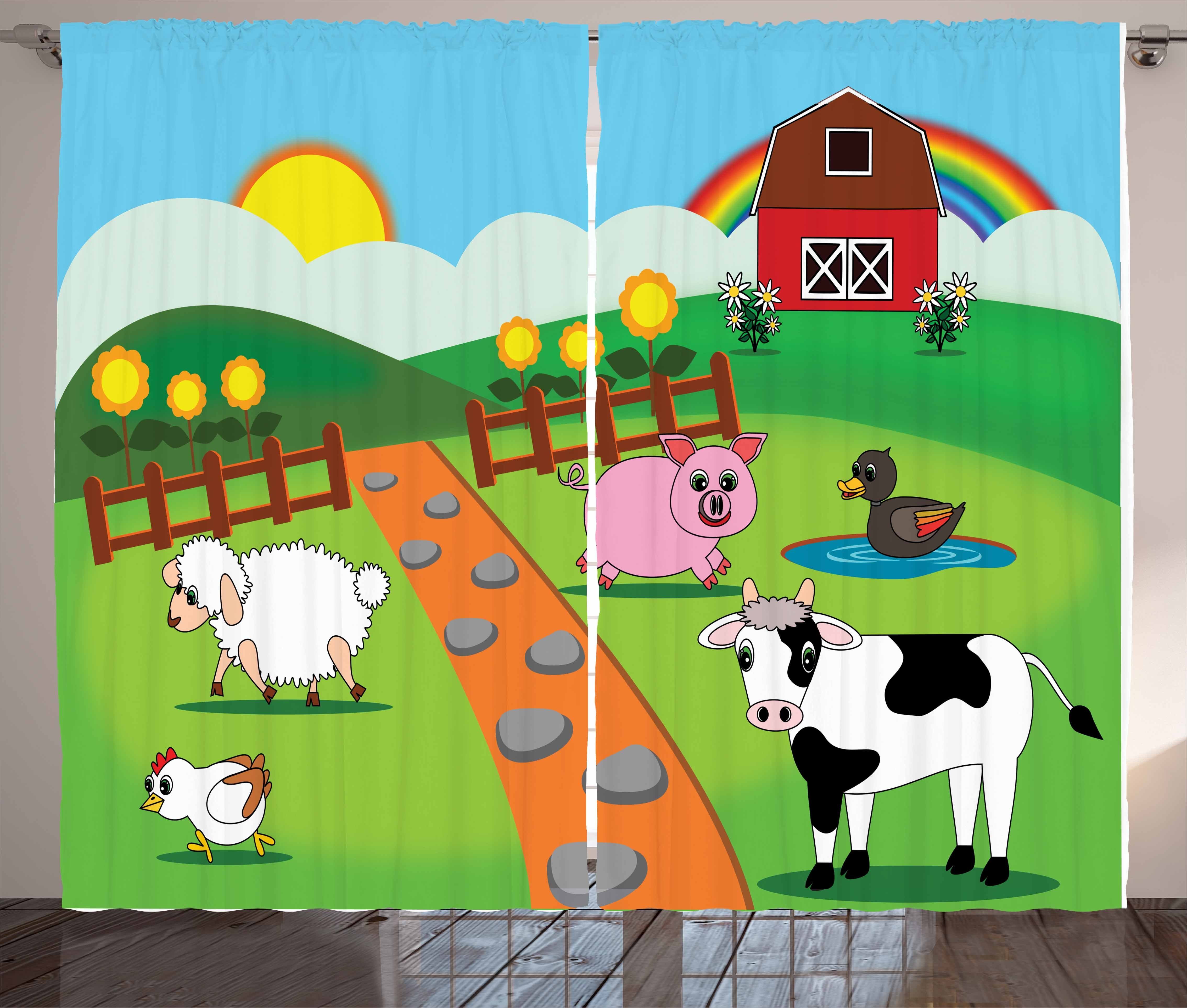 Das Schlaufen Bauernhof Schlafzimmer Haken, Vorhang und Leben mit Gardine Kräuselband Cartoon Vieh Abakuhaus,
