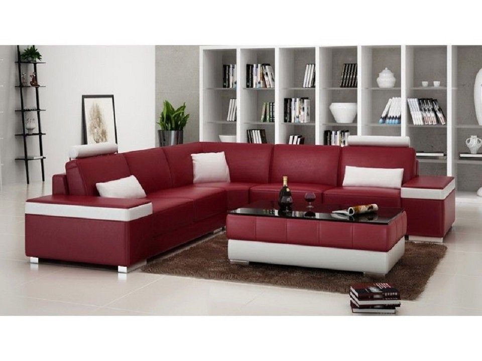 JVmoebel Ecksofa, L-Form Ledersofa Polster Sitz Couch Ecksofa Sofa Couch Wohnlandschaft Rot/Weiß