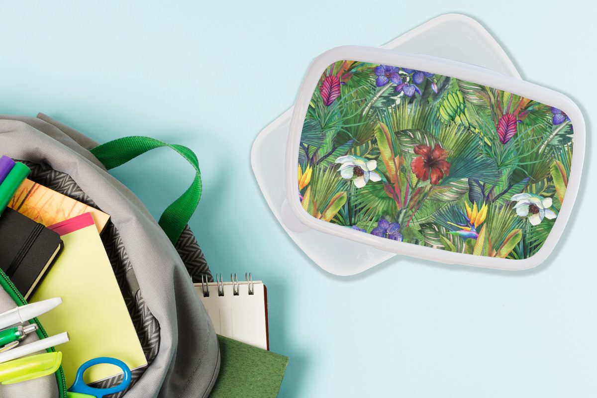 (2-tlg), Kunststoff, für für Kinder Erwachsene, - - Brotdose, und Dschungel Jungs Muster, Brotbox Regenbogen MuchoWow Flora weiß und Mädchen - Lunchbox