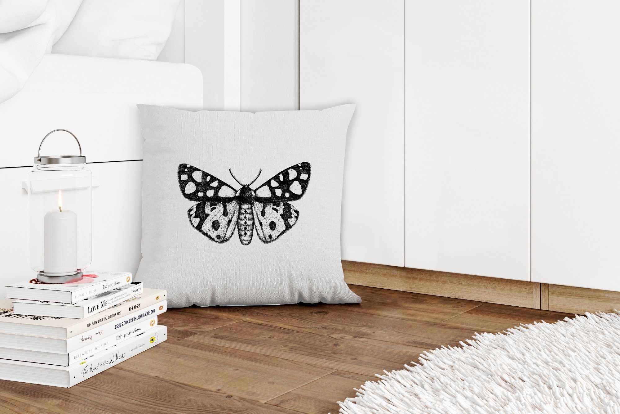 Schmetterling Zierkissen - Wohzimmer, Deko, Schwarz Dekokissen Vintage Schlafzimmer, Sofakissen MuchoWow Füllung für weiß, - mit und
