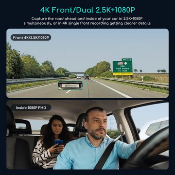 COOAU D20 4K Dash Cam Auto Vorne Hinten Kamera mit Infrarot Nachtsicht Dashcam (4K HD, WLAN (Wi-Fi), 4x opt. Zoom, APP-Verbindung, Sprachauf zeichnung, Unfallsperre, mit Loop-Recordning, G-Sensor-Erkennung,und 24-Stunden Parkmonitor)