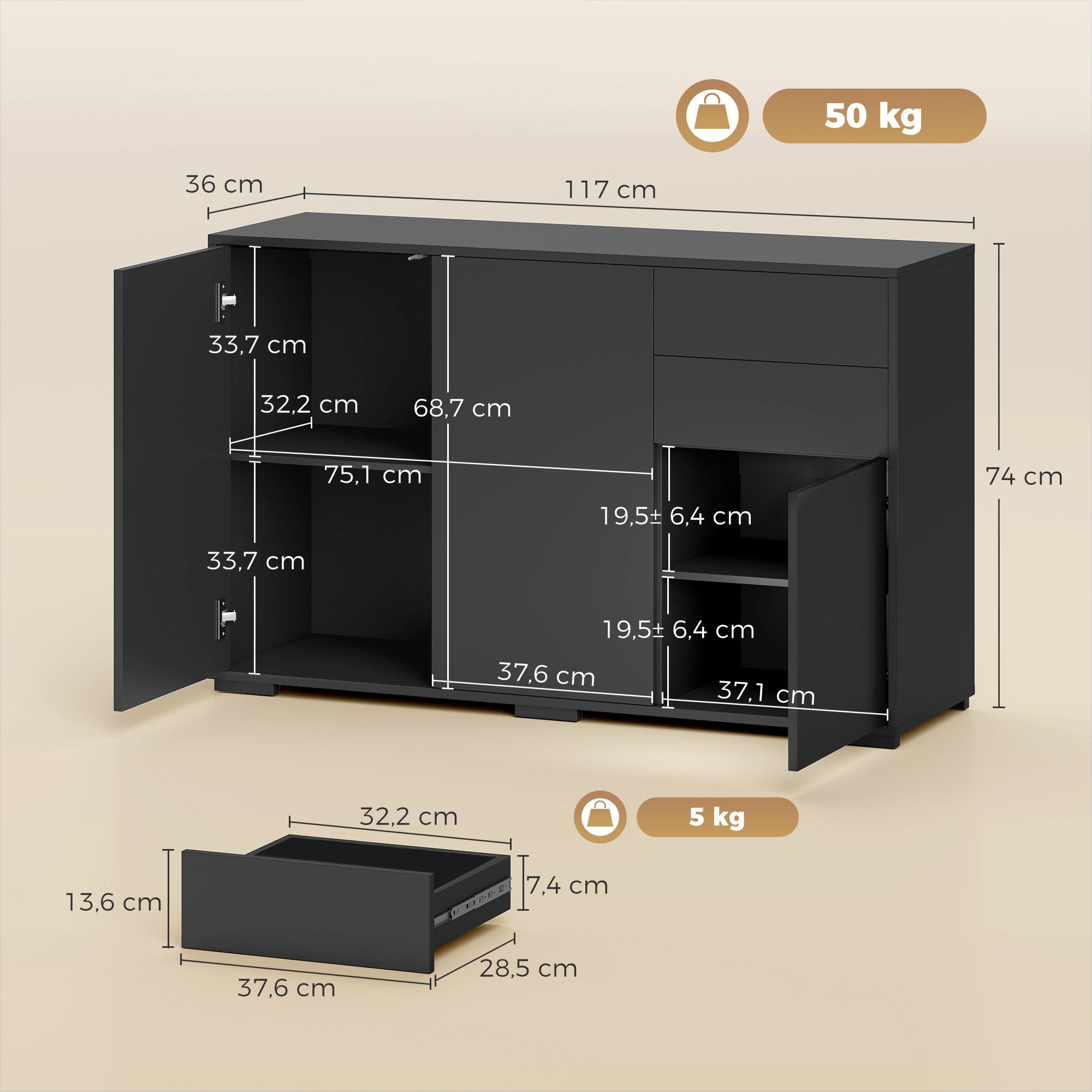 HOMCOM Sideboard 2 Schubladenschrank (Aufbewahrungsschrank, 1 St., Sideboard), Schwarz 117 x 36 x 74 cm – Bild 3 von 5