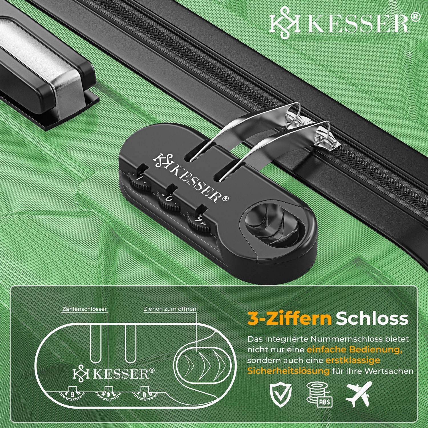 KESSER Kofferset, 3-teilig ABS Hartschalenkoffer mit Zahlenschloss, Waage & Brieftasche