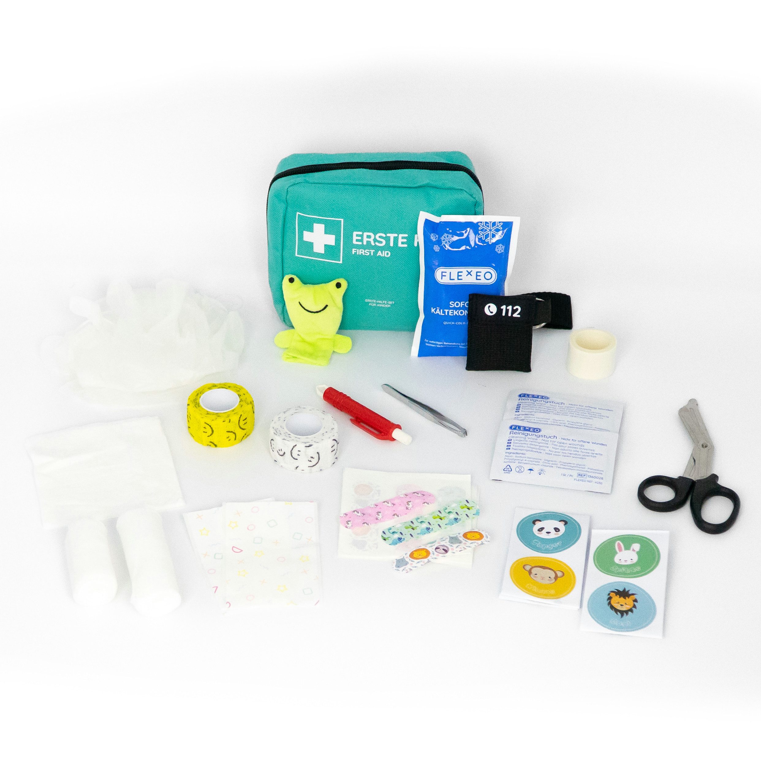 FLEXEO Erste-Hilfe-Set für Kinder, (1 St), mit süßen Pflastermotiven, Stickern & Fingerpuppe