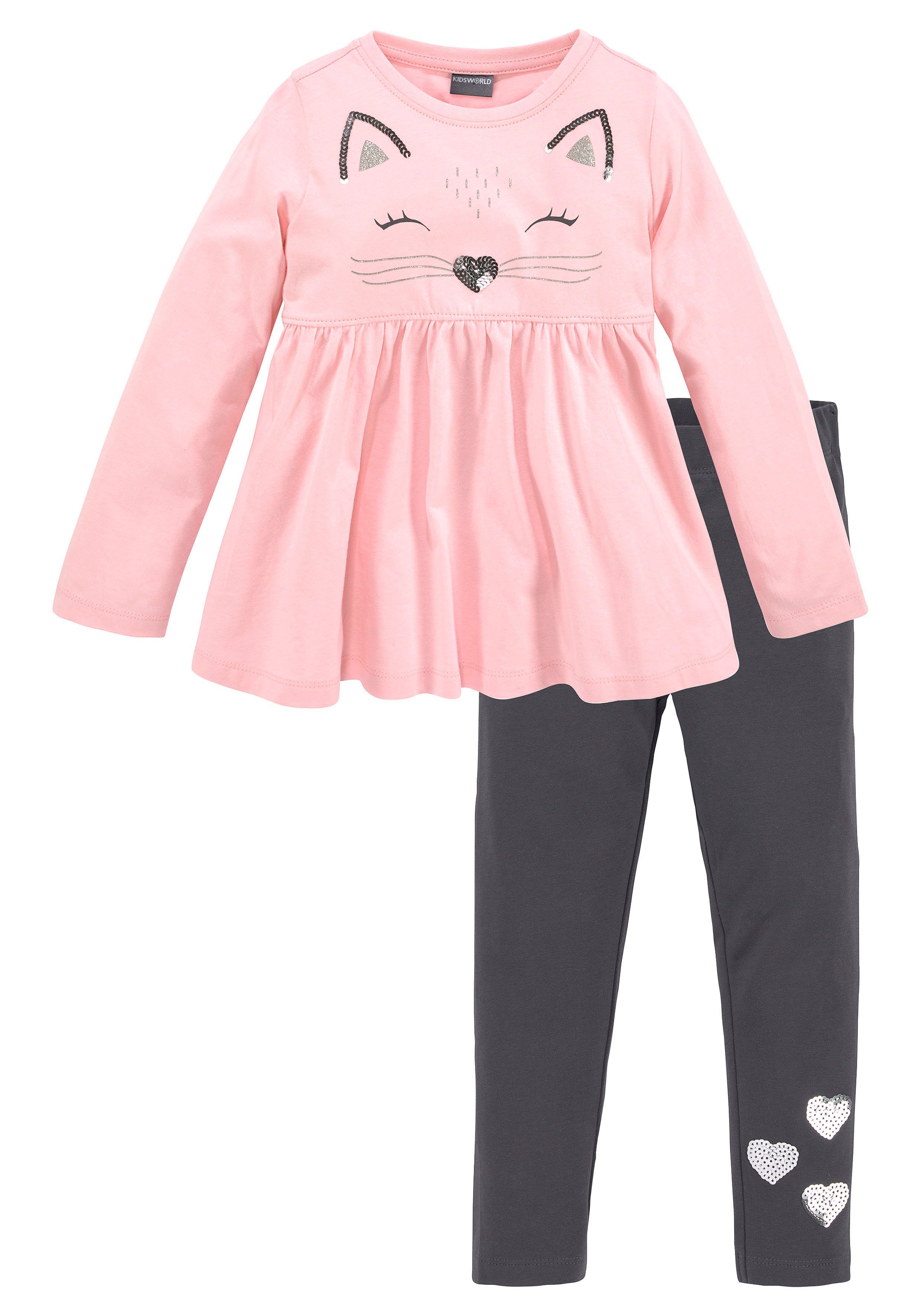 KIDSWORLD Langarmshirt & Leggings für kleine Mädchen (Set, 2-tlg) mit schöner Paillettenapplikation