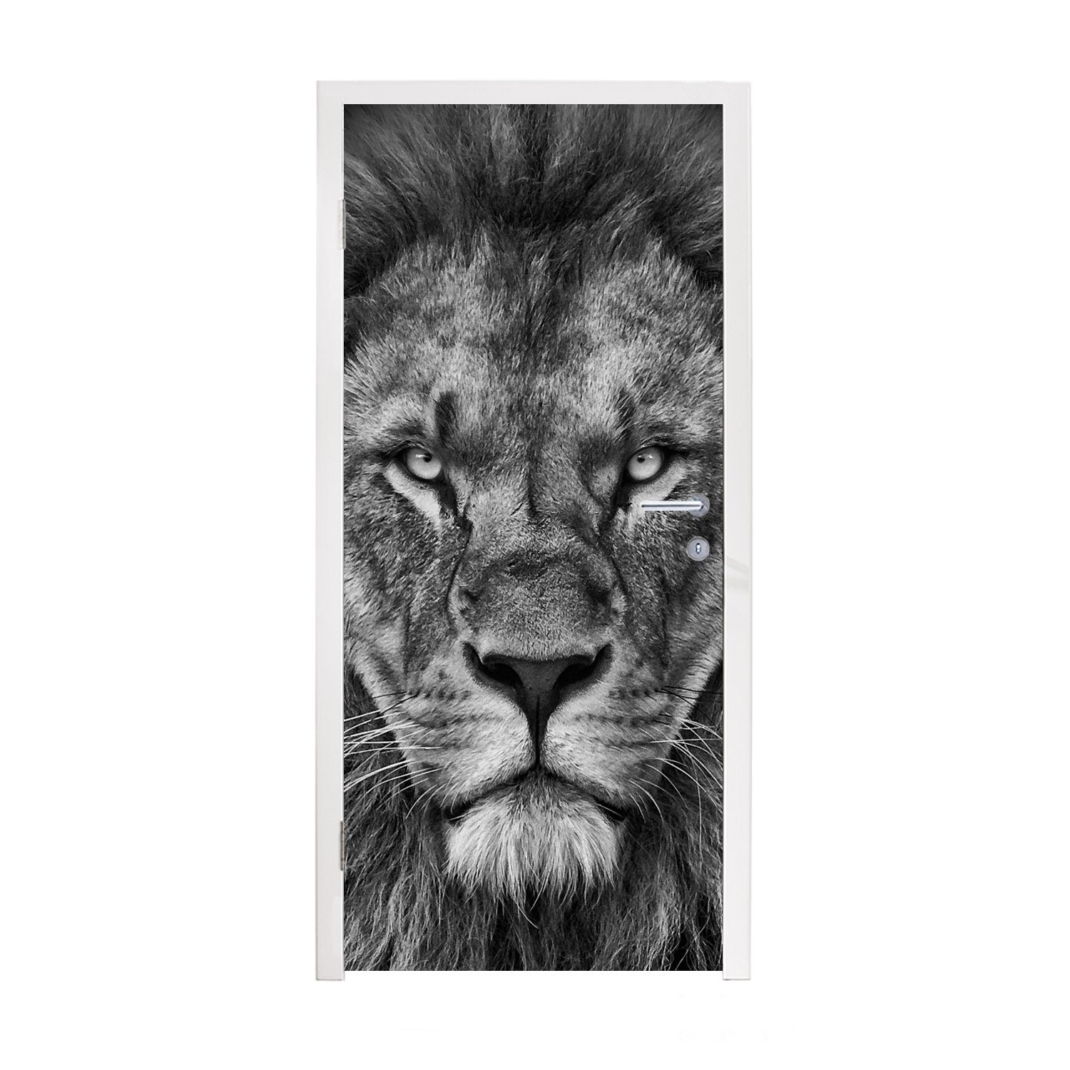 MuchoWow Türtapete Tiere - Löwe - Schwarz - Weiß - Porträt, Matt, bedruckt, (1 St), Selbstklebende Tapete, Folie für Möbel, 75x205 cm