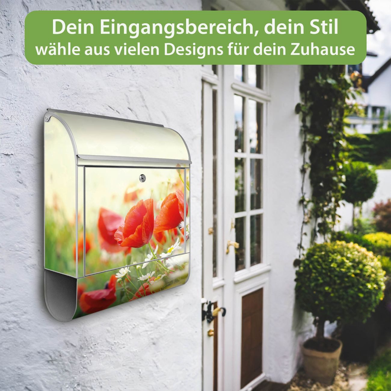 banjado Wandbriefkasten Silber Stahl mit Motiv Kamille Und Mohn (Wandbriefkasten witterungsbeständig, pulverbeschichtet, mit Zeitungsfach), 47 x 39 x 14 cm