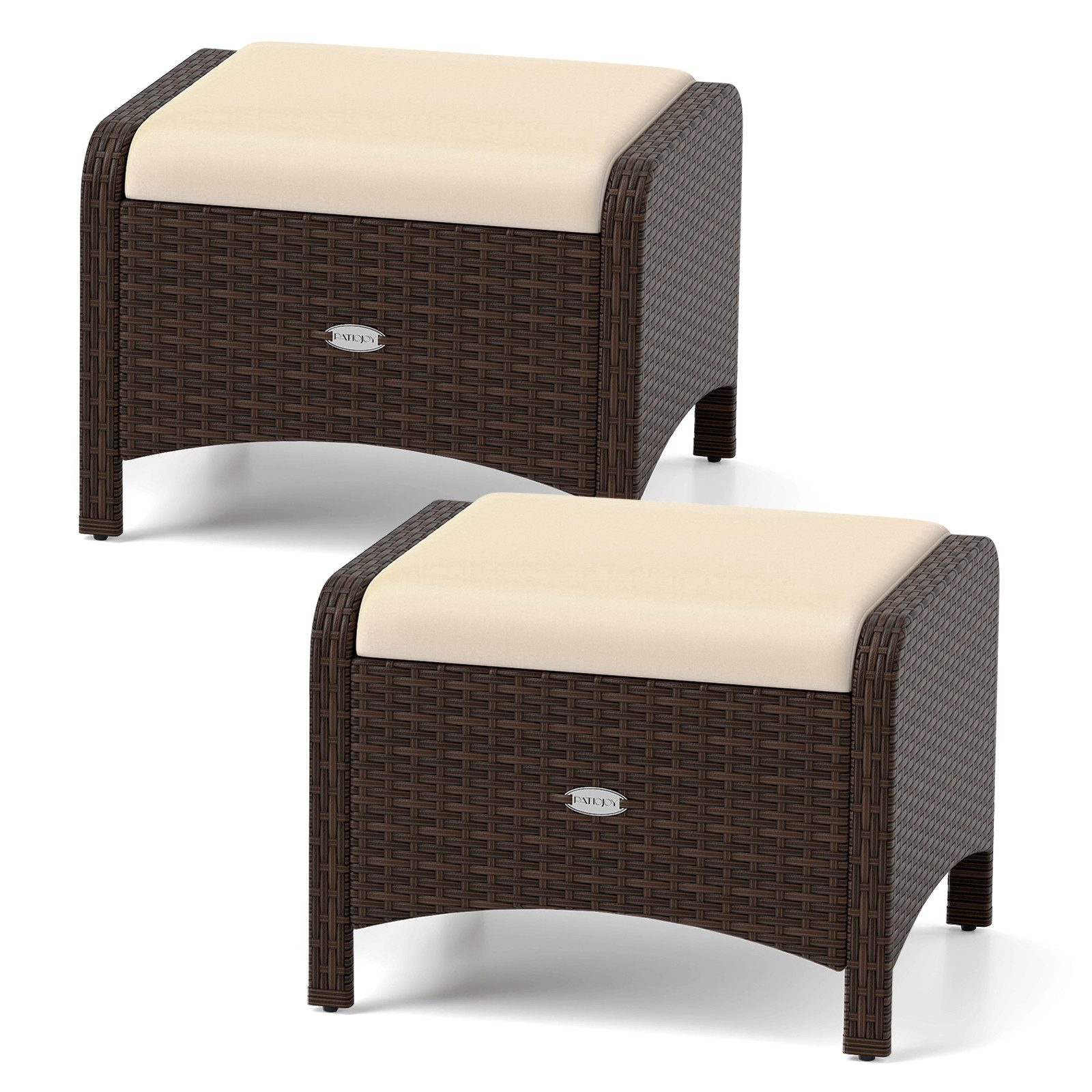 COSTWAY Fußhocker (2er Set), Rattan Sitzhocker mit abnehmbarem Kissen wetterfest 46x54x39,5cm