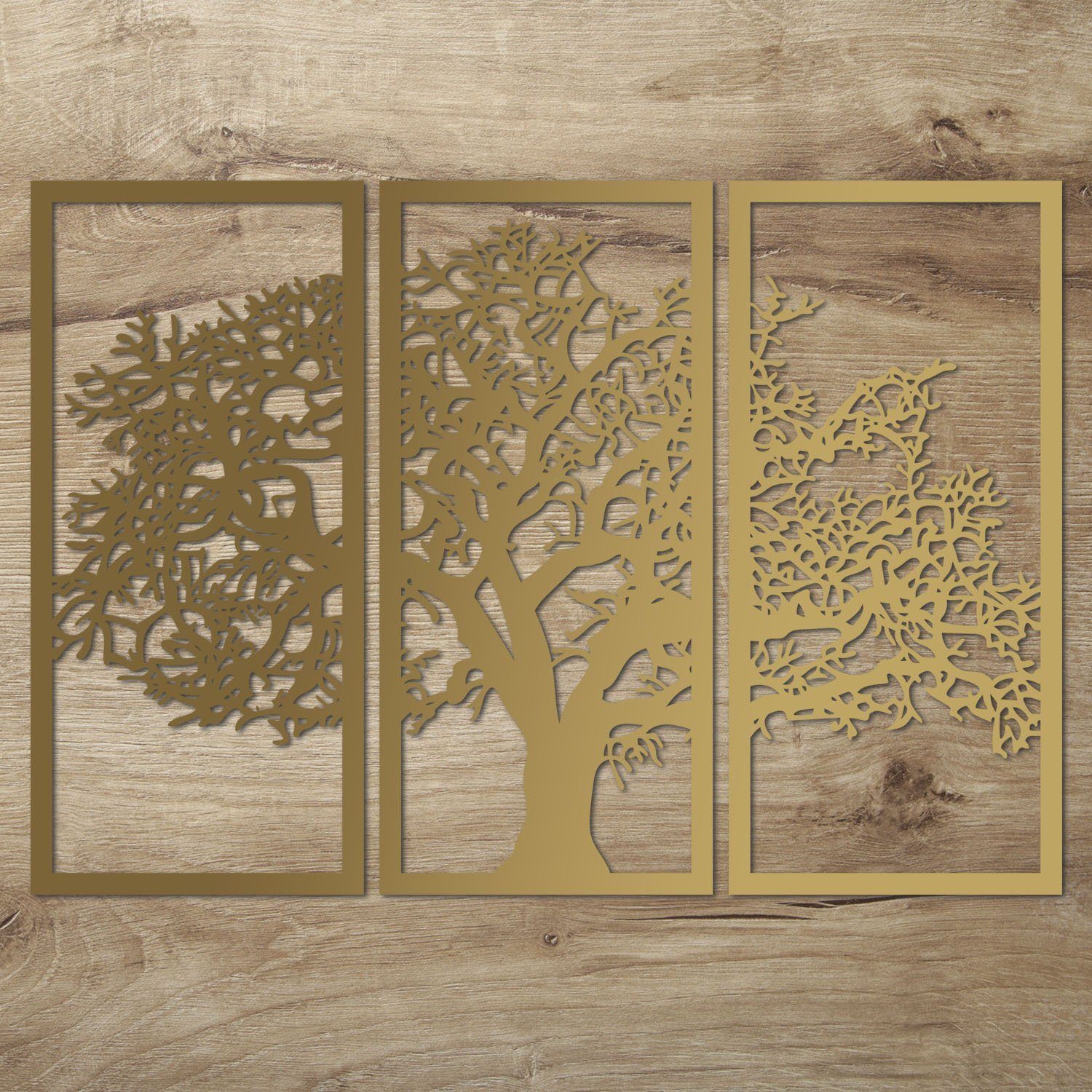 Namofactur Wanddekoobjekt XXL Baum Holz Wandbild (3-teilig), großes Wandtattoo, Wand Deko in verschiedenen Farben erhältlich Gold