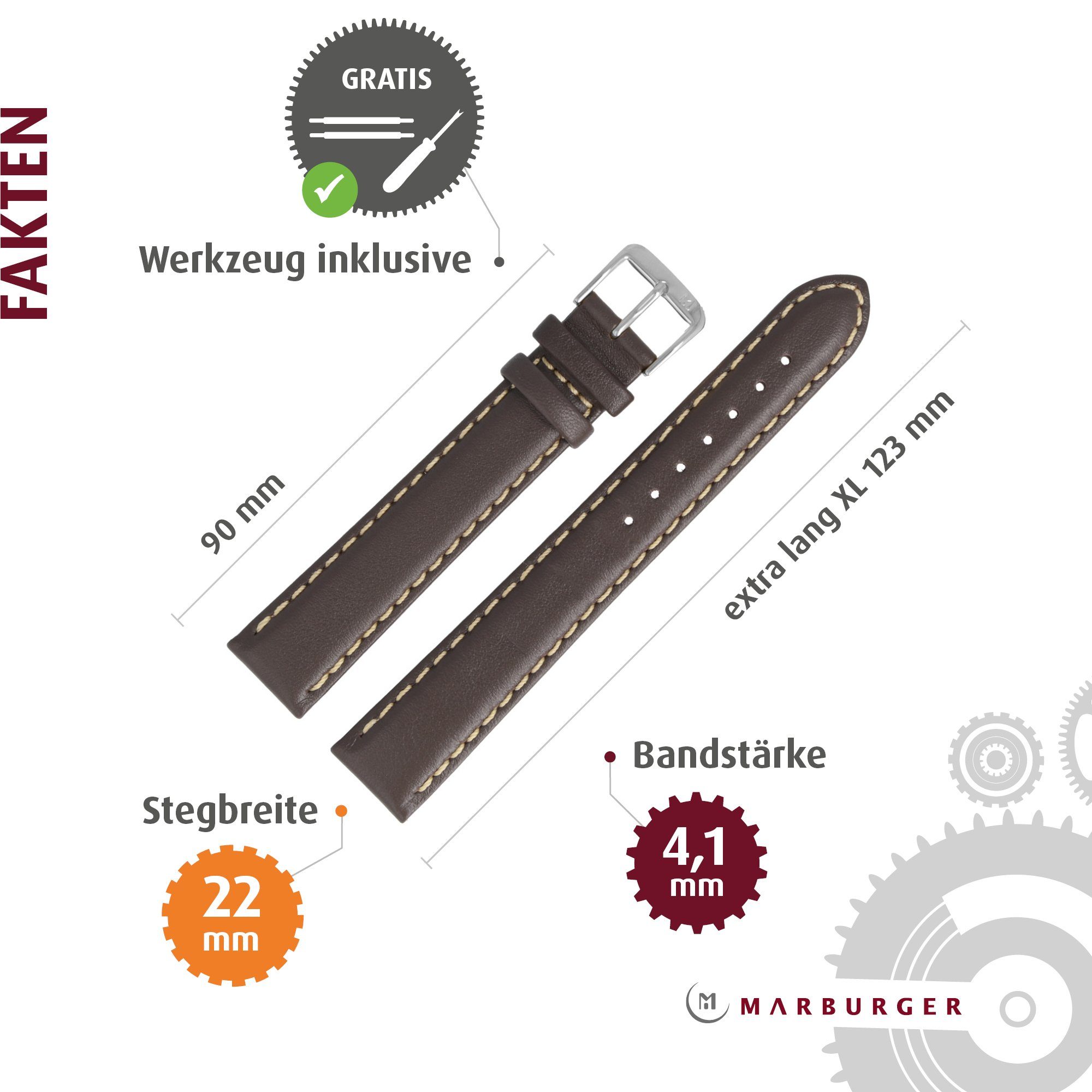 MARBURGER Uhrenarmband Dunkelbraun/Silber extra Leder lang XL 22mm
