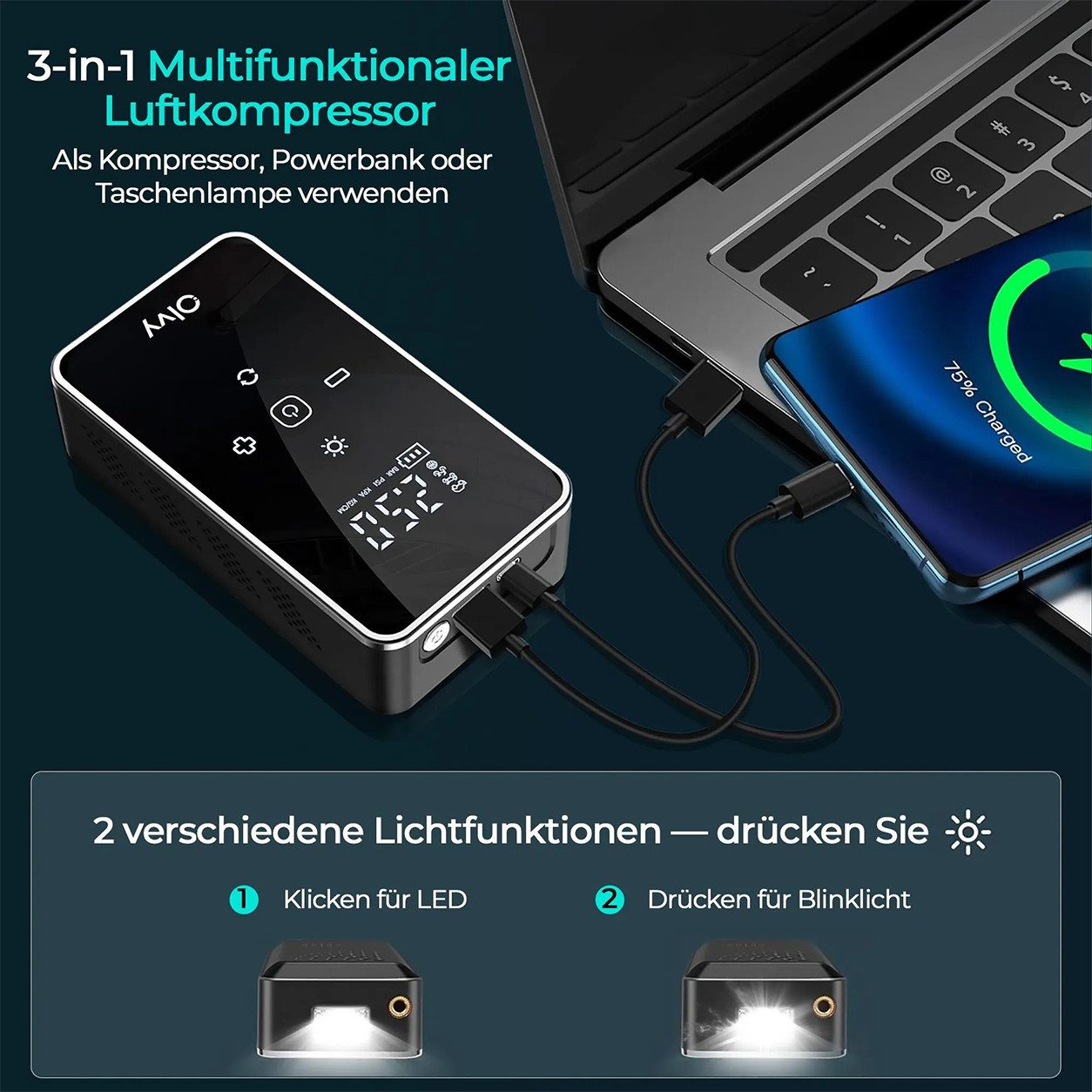 Olvy Luftpumpe Olvy Elektrische Luftpumpe mit Powerbank 6000 mAh