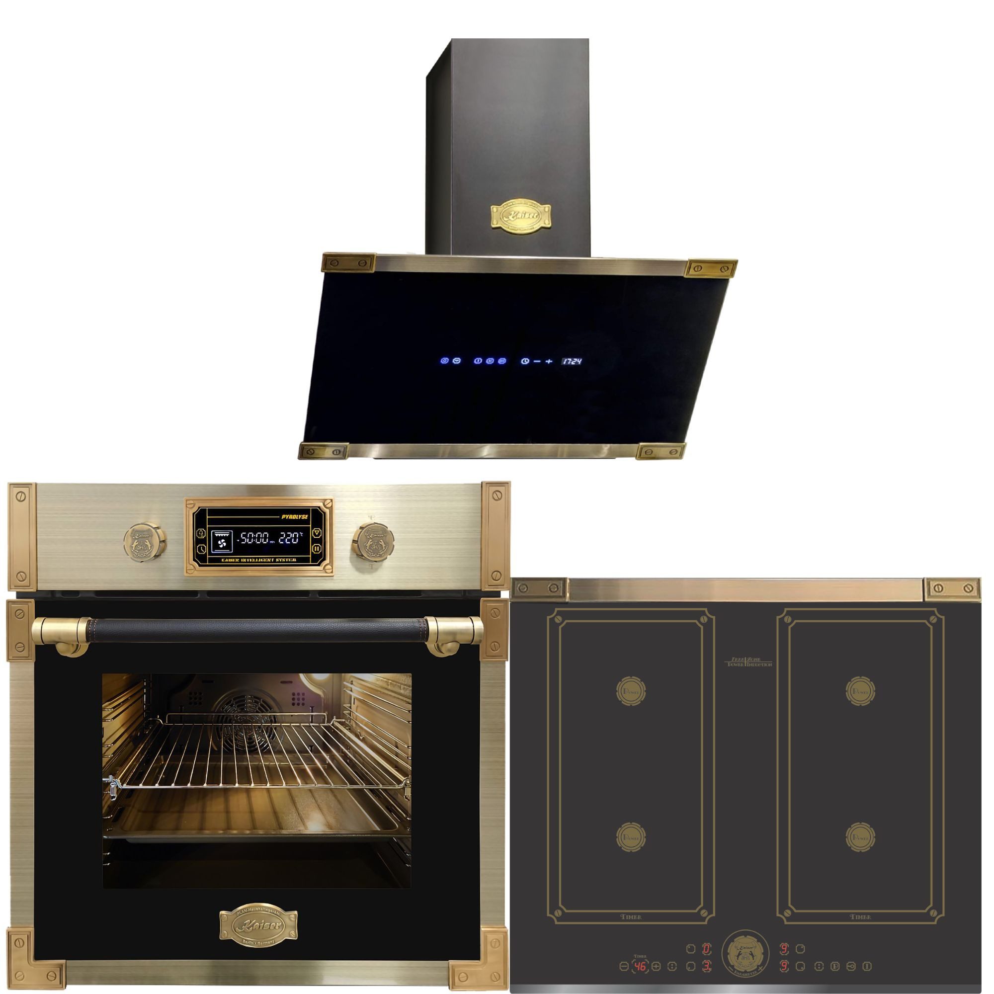 Kaiser Küchengeräte Backofen-Set Herd Set Autark Retro Pyrolyse Einbau Backofen 73L Anthrazitfarbiges Glas 60 cm mit Induktionskochfeld 60 cm FREE ZONE mit 2 FLEX Induktions-Zonen+ Dunstabzugshaube 60 cm, in Edelstahl Schwarz Glas 1250 m³/h EH 6427 AD+KCT 6745 AD+AT 6445 AD ECO, mit 1-fach-Teleskopauszug