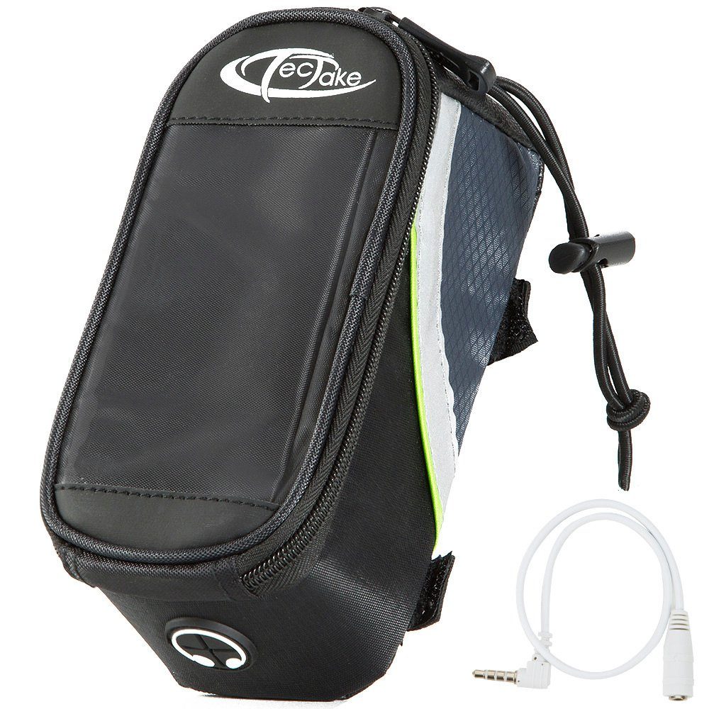 tectake Fahrradtasche Fahrradhandytasche, Zusätzliche Spannseil-Sicherung, (Gepäckträgertasche, in schwarz/grau/grün), Wasserabweisend, Handyfach mit Sichtfenster, Audio-Verlängerungskabel