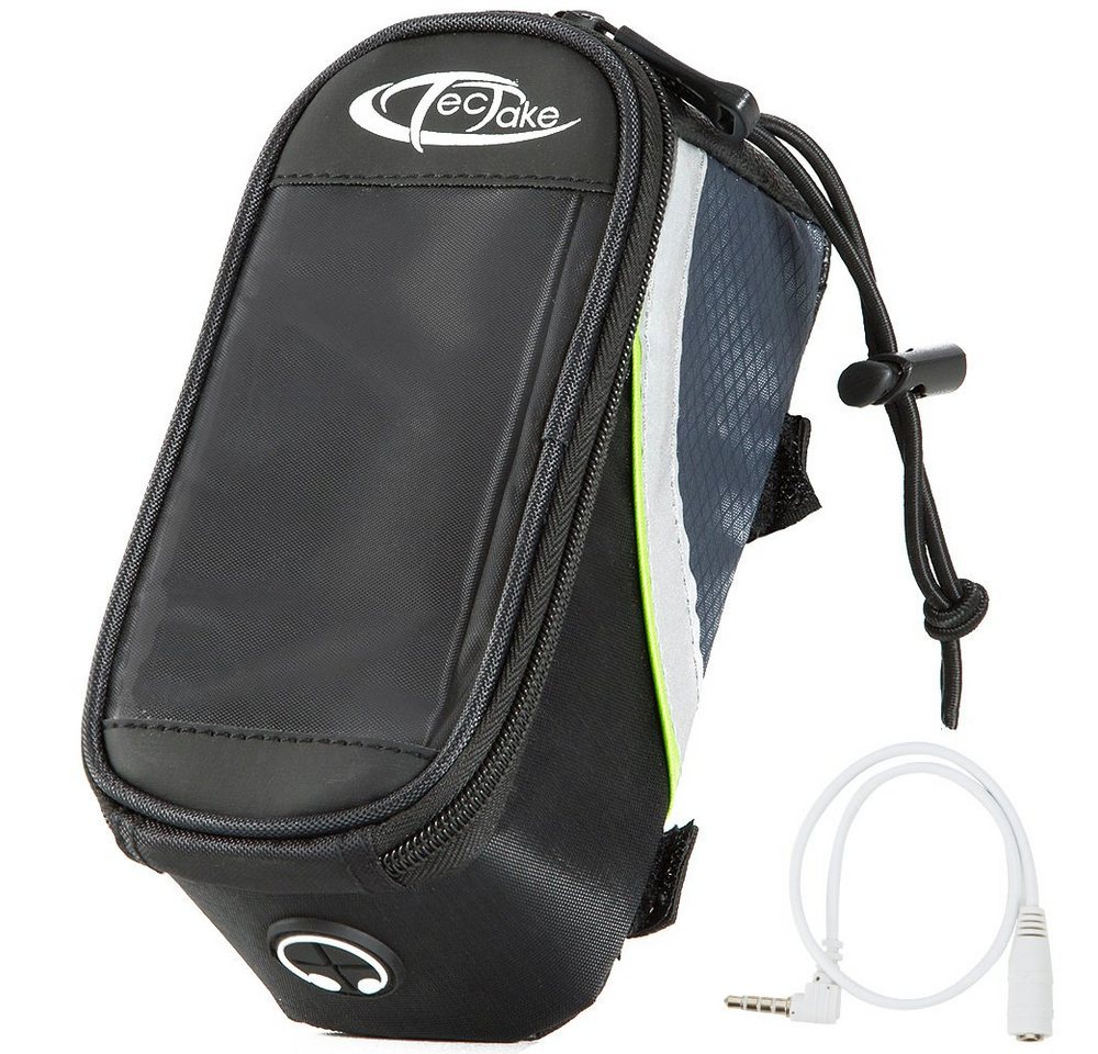 tectake Fahrradtasche Fahrradhandytasche, Zusätzliche Spannseil-Sicherung, (Gepäckträgertasche, in schwarz/grau/grün), Wasserabweisend, Handyfach mit Sichtfenster, Audio-Verlängerungskabel