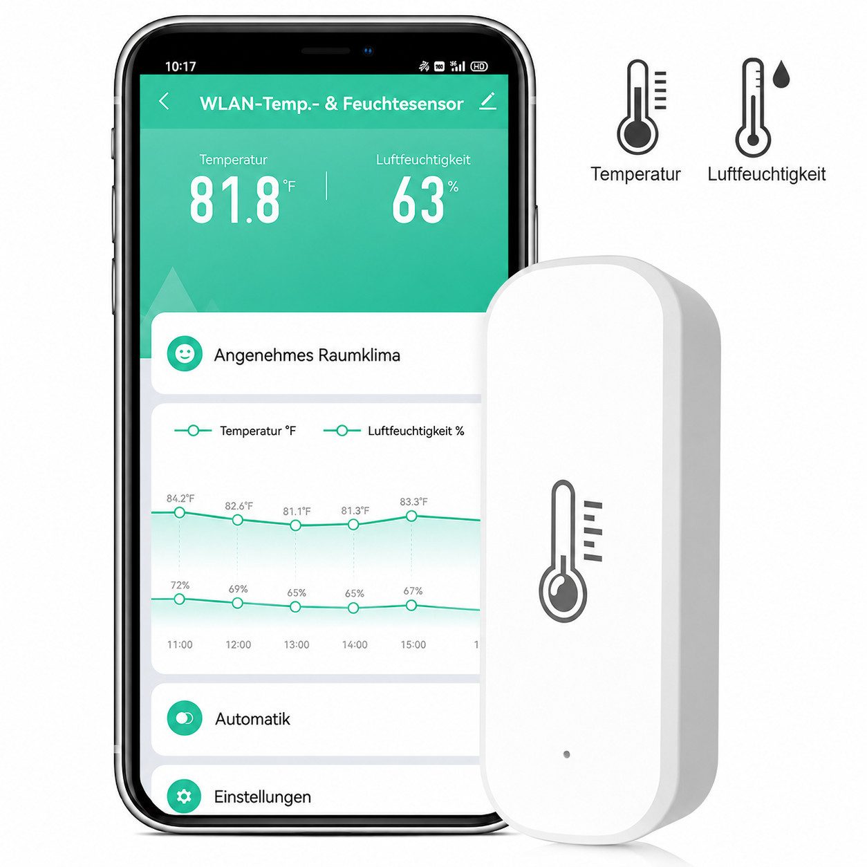 XEOOCE Feuchtigkeitssensor WLAN Temperatur- & Feuchtigkeitssensor App-Steuerung Ohne Hub