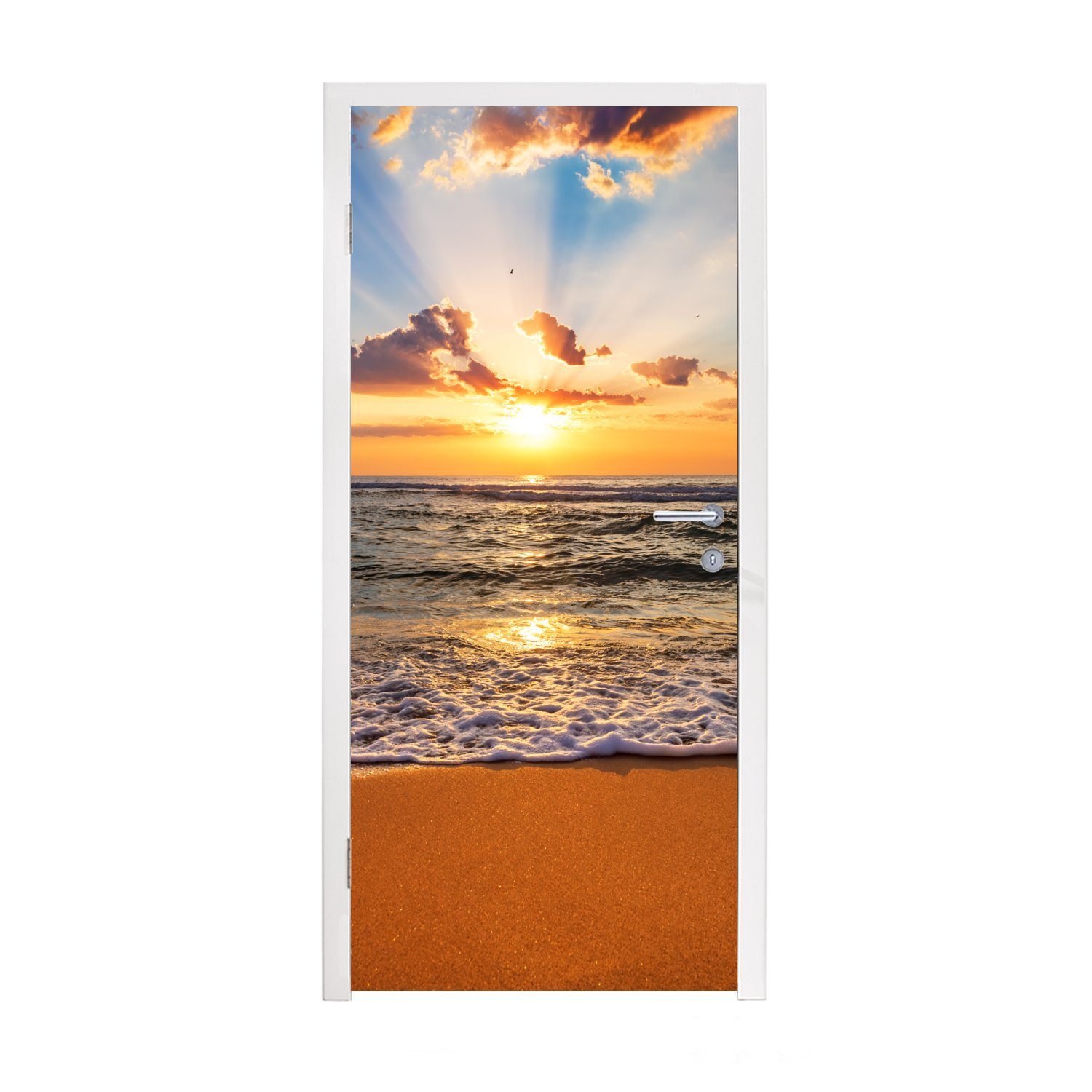 (1 Matt, - Türaufkleber, für Fototapete Türtapete 75x205 cm MuchoWow - Sonnenuntergang Strand Horizont, Tür, - - bedruckt, Wolken Meer St),