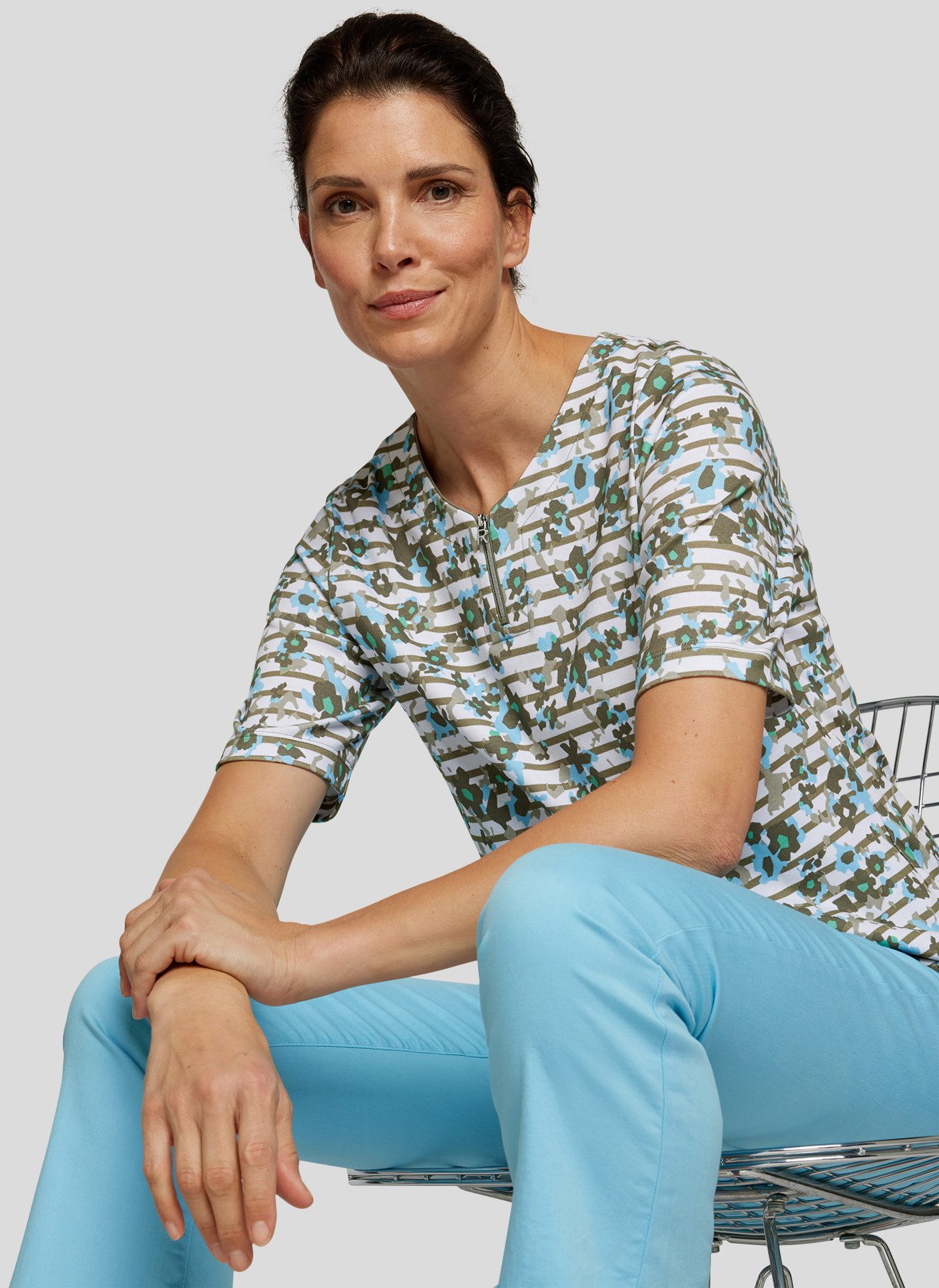 Rabe Rundhalsshirt mit Reißverschluss und floralem Muster günstig online kaufen