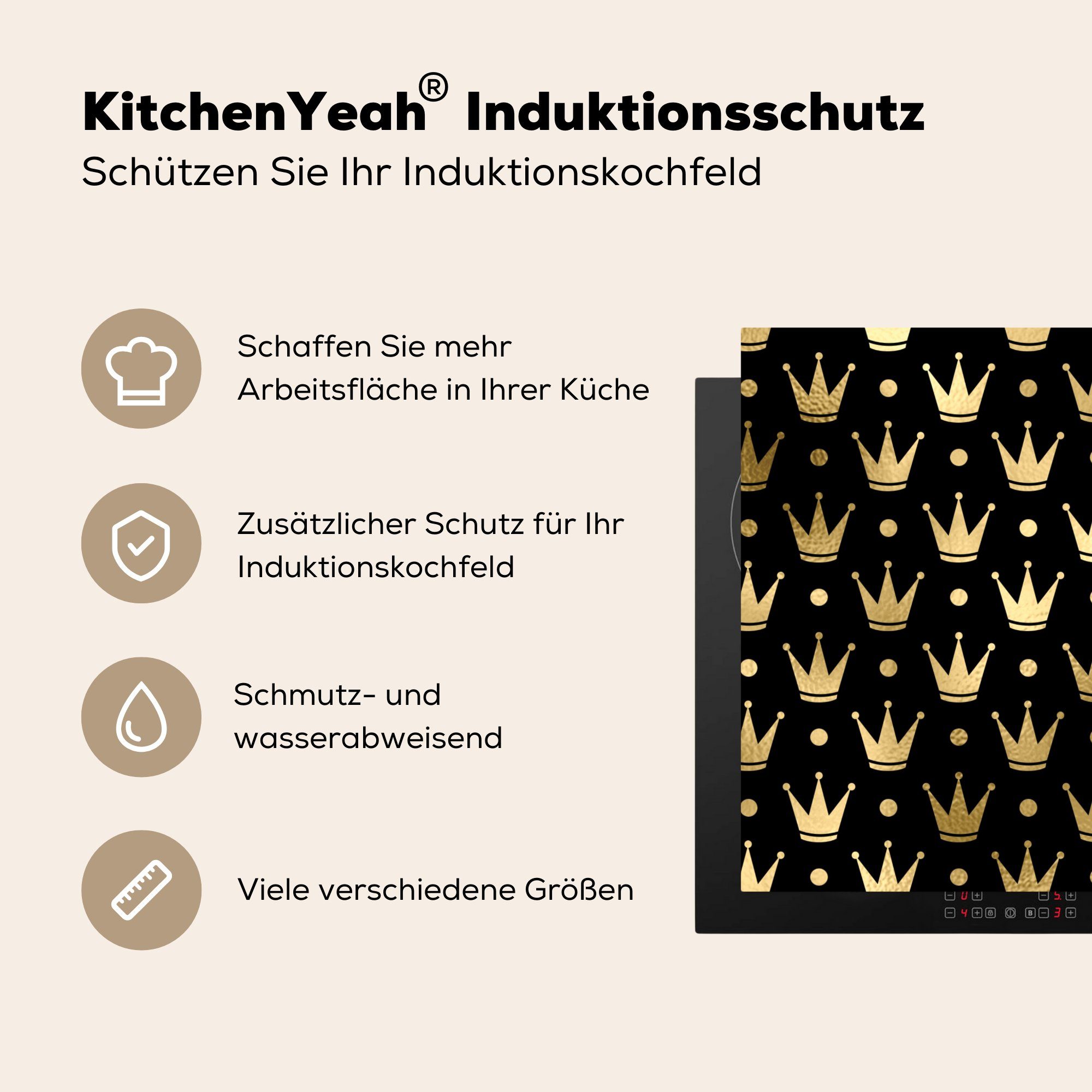 tlg), cm, Muster 78x78 - (1 Vinyl, Gold, für MuchoWow Arbeitsplatte - Herdblende-/Abdeckplatte Ceranfeldabdeckung, Krone küche