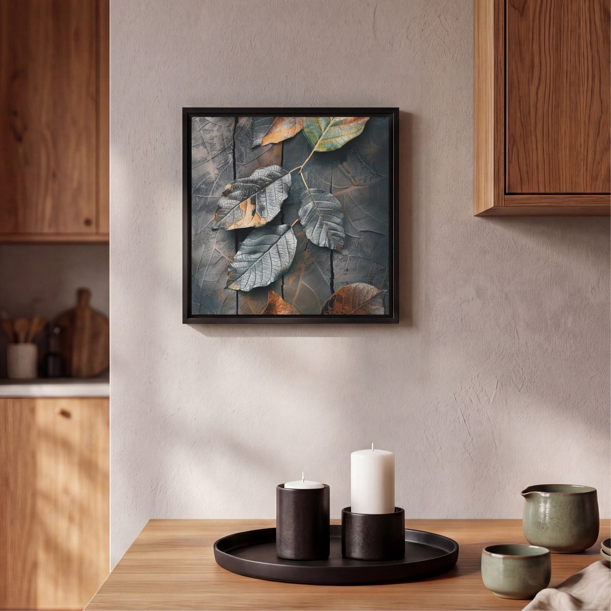 OneMillionCanvasses® Leinwandbild mit Rahmen - Blätter - Herbst - Grau - Natur, Fotodruck (1 St), Leinwand Bilder Klein, Wand Dekoration Aesthetic 20x20cm – Bild 2 von 5