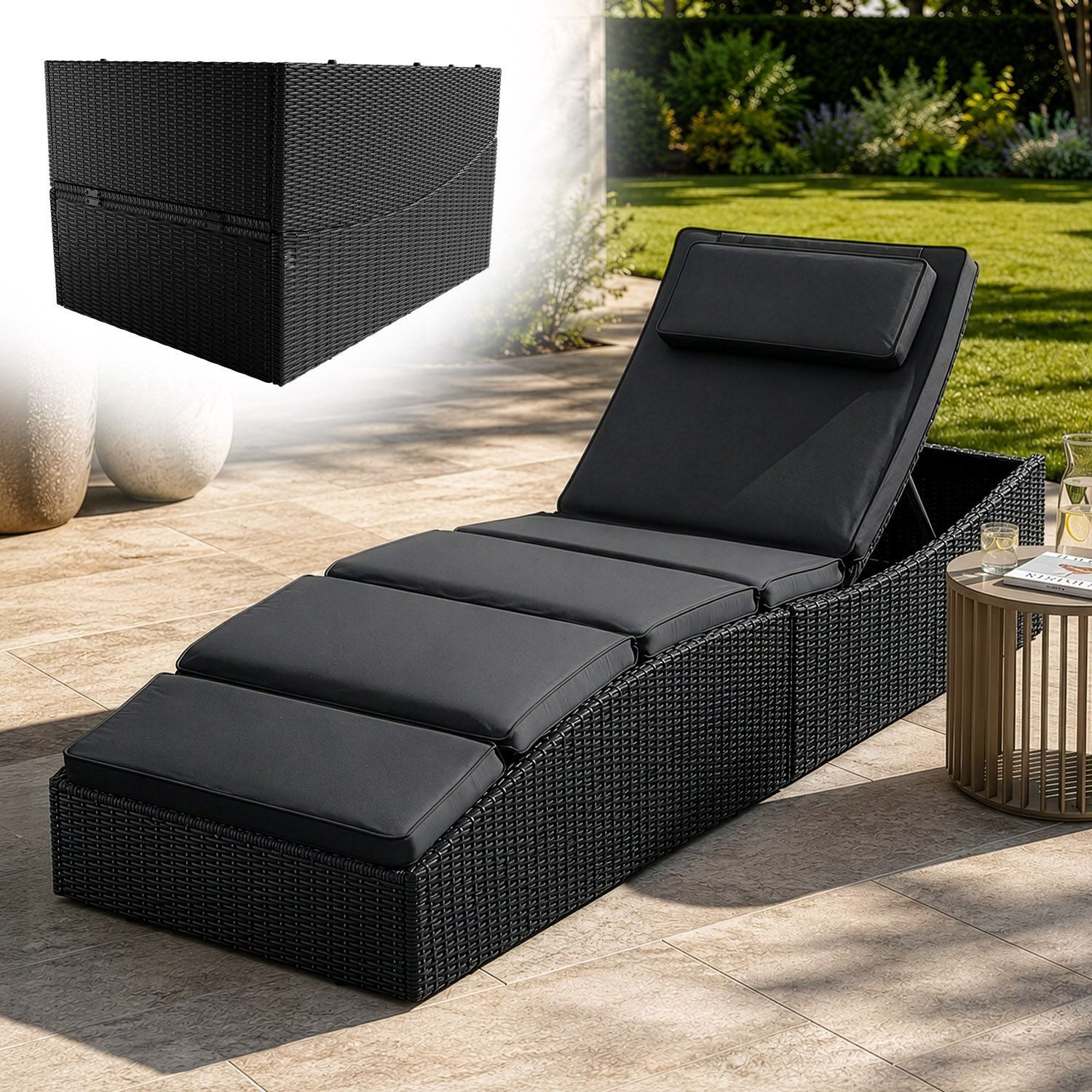 Juskys Wellnessliege Lamia, Polyrattan Liege, klappbar, Kopfteil verstellbar, 160 kg belastbar