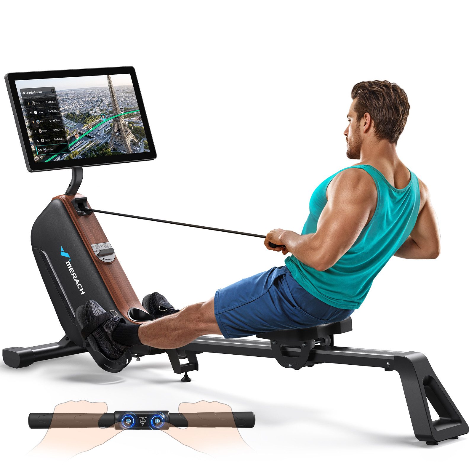 MERACH Rudergerät mit HD-Bildschirm, leise mit 16 Magnet-Widerstandsstufen (HD-Display, Rudermaschine mit Bluetooth, faltbar, platzsparend, 1-tlg., Kompatibel mit Kinomap, Tablet- und Flaschenhalter, mit Merach APP), automatischer Magnetwiderstand, einfac