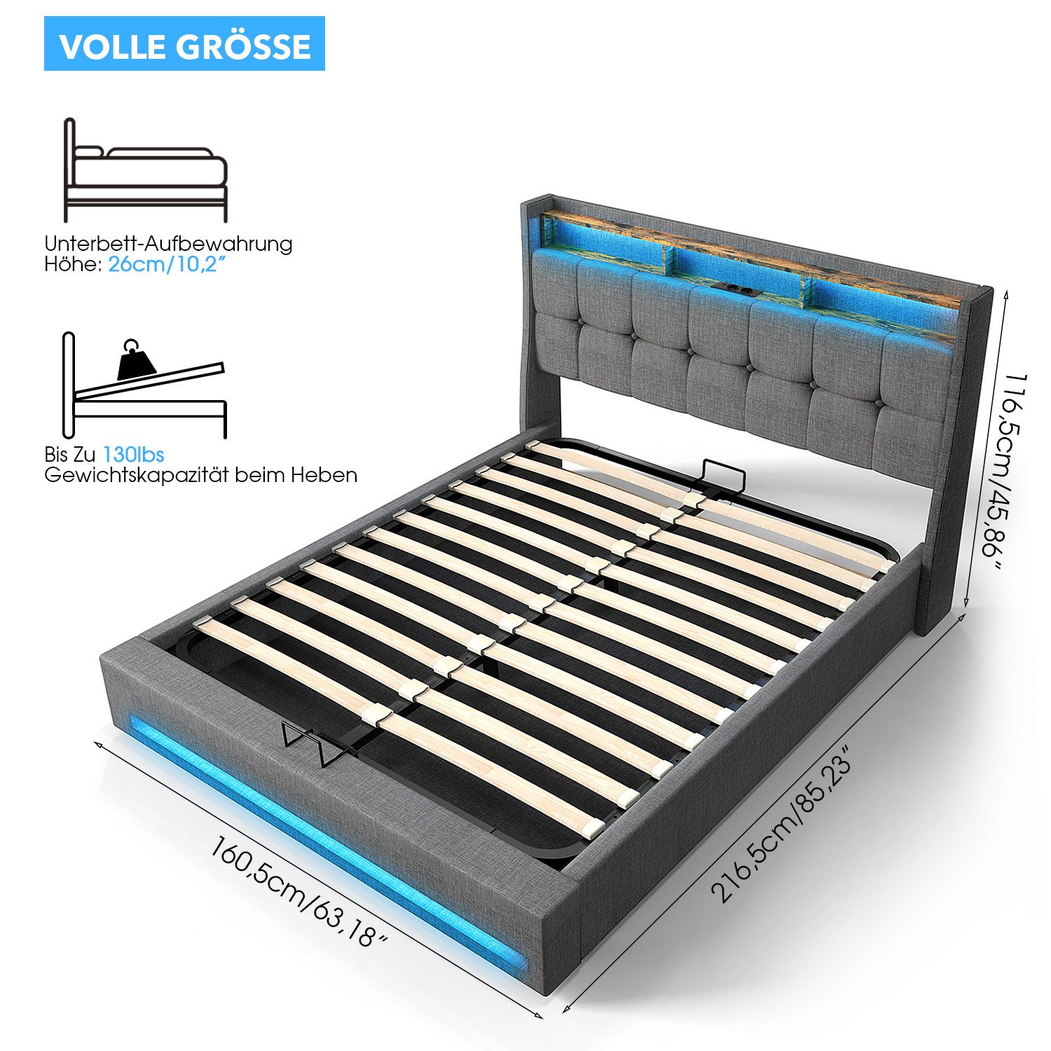 LOVONLIVE Polsterbett Doppelbett Polsterbett mit LED & Stauraum Hydraulisch günstig online kaufen