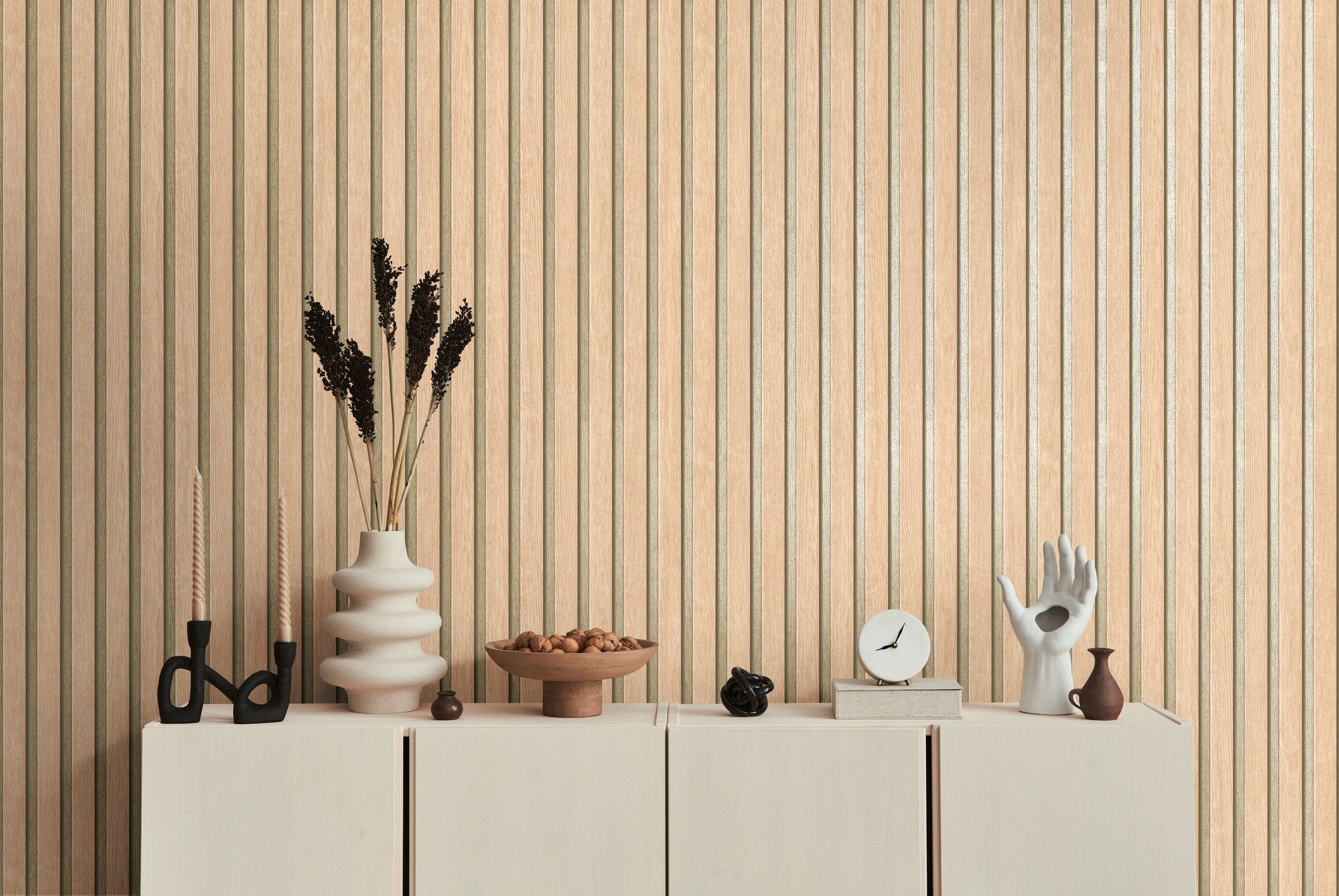 A.S. Création Vliestapete 50 Jahre AS Holzpaneele Tapete Holzoptik mit Metallic-Effekt 3D, strukturiert, leicht glänzend, (1 St), Vliestapete Wandpaneele für Schlafzimmer Küche Wohnzimmer Holzpaneele