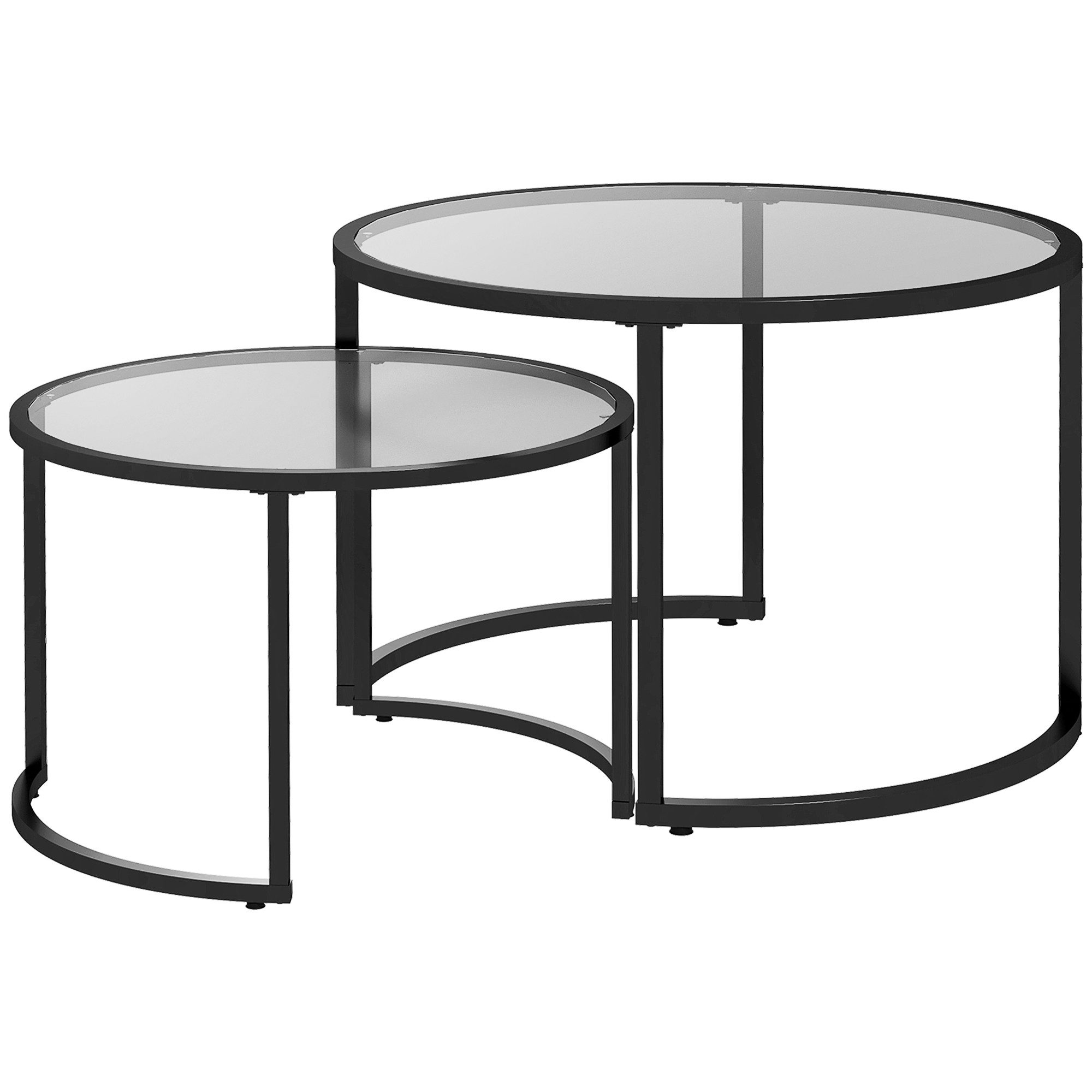 MODFU Couchtisch 2-teiliges mit Stahlgestell & Glasplatte, Schwarz, stapelbar (70/54 x 47,5/42,5 cm, 2-St., Vielseitige Beistelltische als Ablage & Deko-Element), Ideal für Sofanische, Leseecke & als praktischer Zusatztisch für Gäste