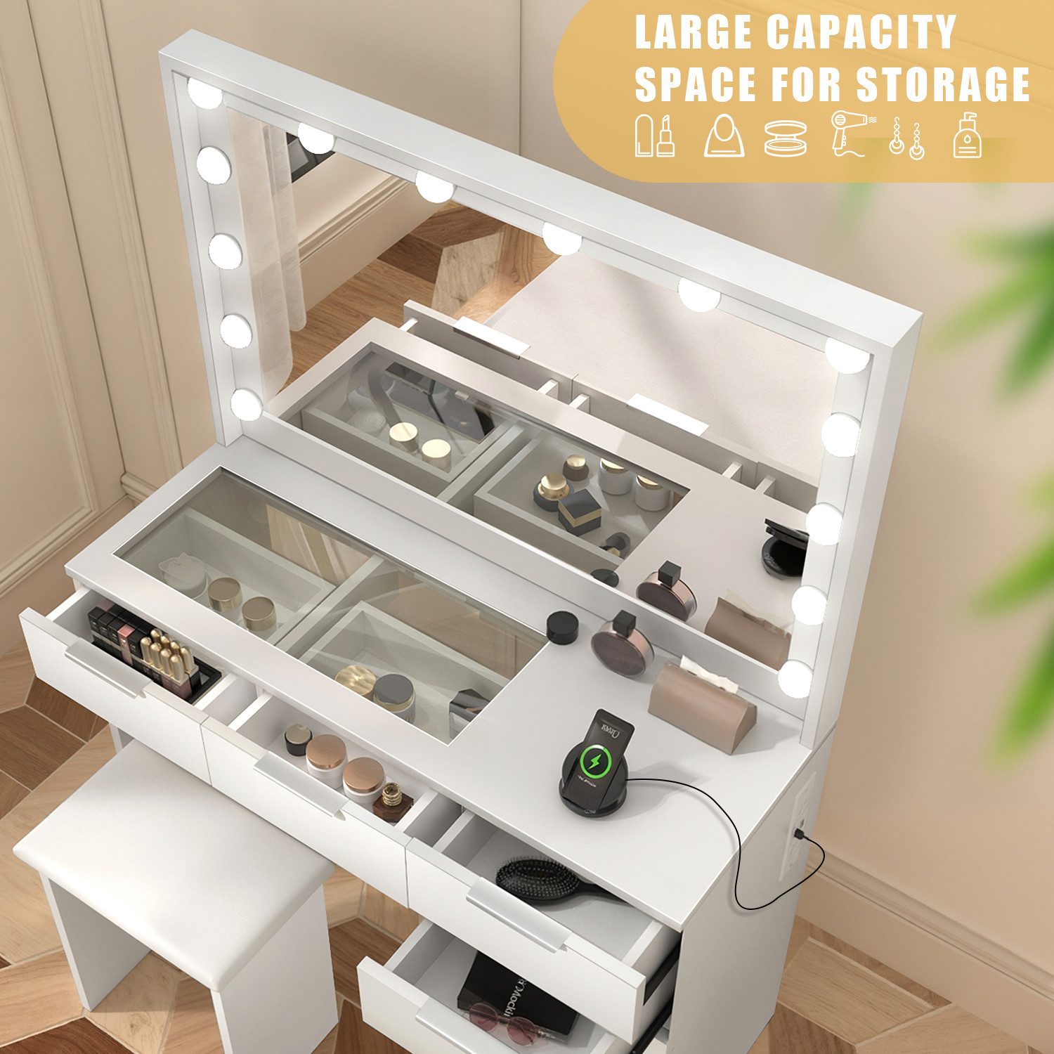 oyajia Schminktisch mit LED Beleuchtung, Gehärtete Glasplatte,mit Stuhl /Ladefunktion (Schlafzimmermöbel Vanity Set, verstellbare dreifarbige Kosmetikspiegel mit 12 LEDs, Touch-Dimmen), Make-up Tisch mit 5 Schubladen und 2 Europäische Stecker +2 USB