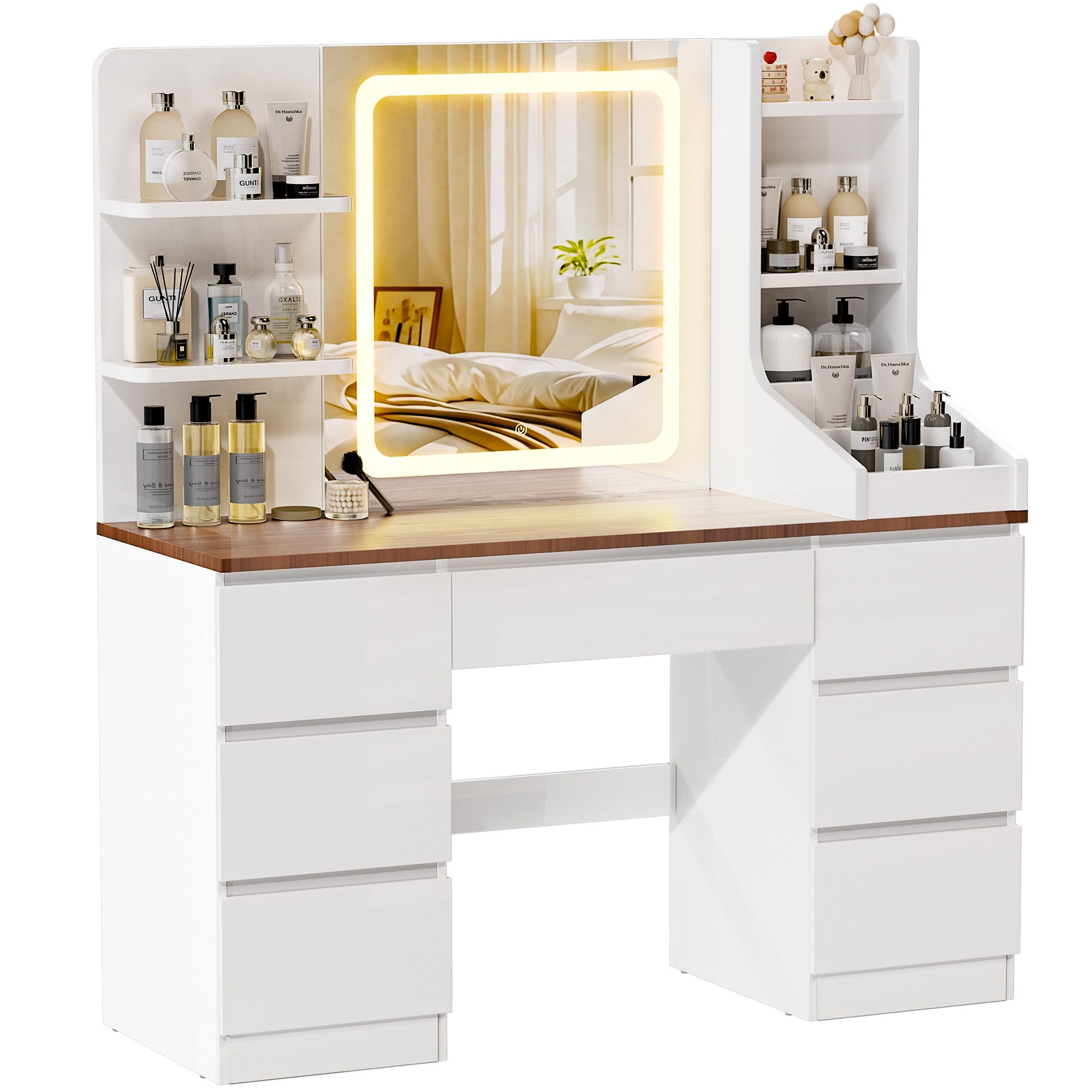 HOMALL Schminktisch LED-Spiegel, 7 Schubladen, 110 cm breit, Aufbewahrungshocker optional (Schminktisch mit dimmbarem LED-Spiegel (3 Farben), 7 Schubladen + 8 Fächer, 110×40×139 cm – 5 Farben (Schwarz/Rosa/Vintage/Weiß/Weiß Hochglanz), Hocker opt., E1-Platte), 110*40*139CM B/H/T