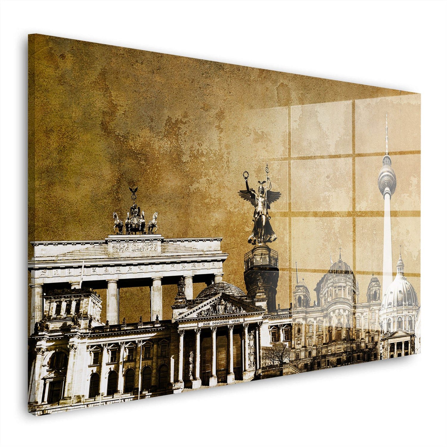 Artedinoi Acrylglasbild Berlin Acrylglasbild Wandbild Modern Gold Skyline Städte XXL, Berliner Wahrzeichen in eleganten Goldtönen