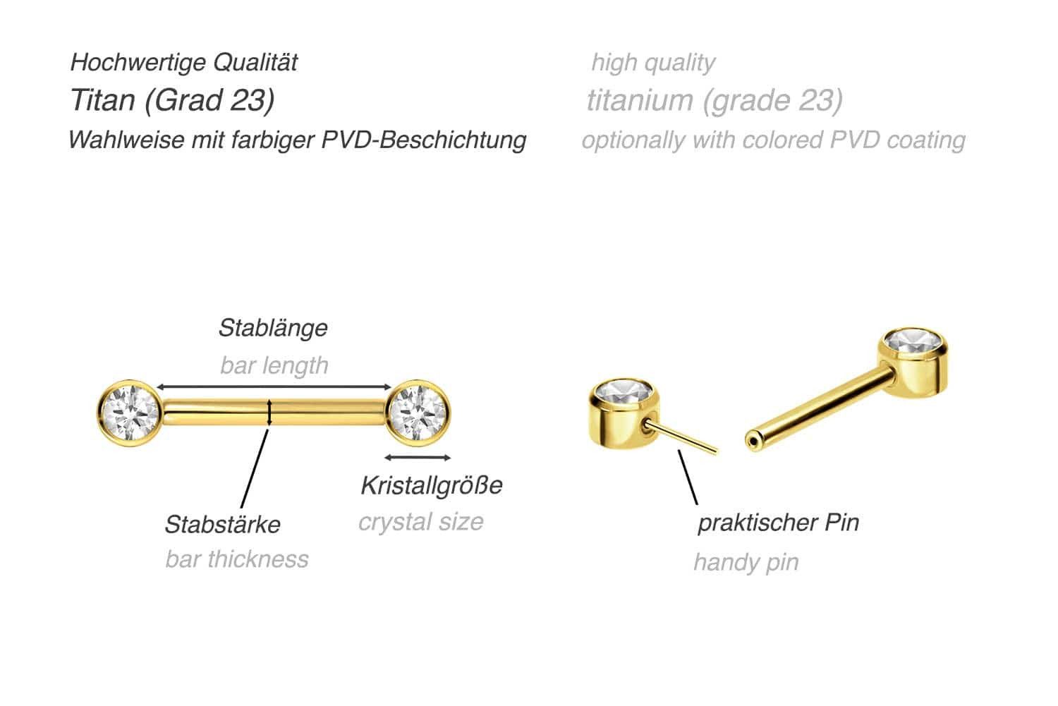 PIERCINGLINE Brustwarzenpiercing Titan Barbell mit Push Fit KRISTALL (Barbells, 1-tlg)