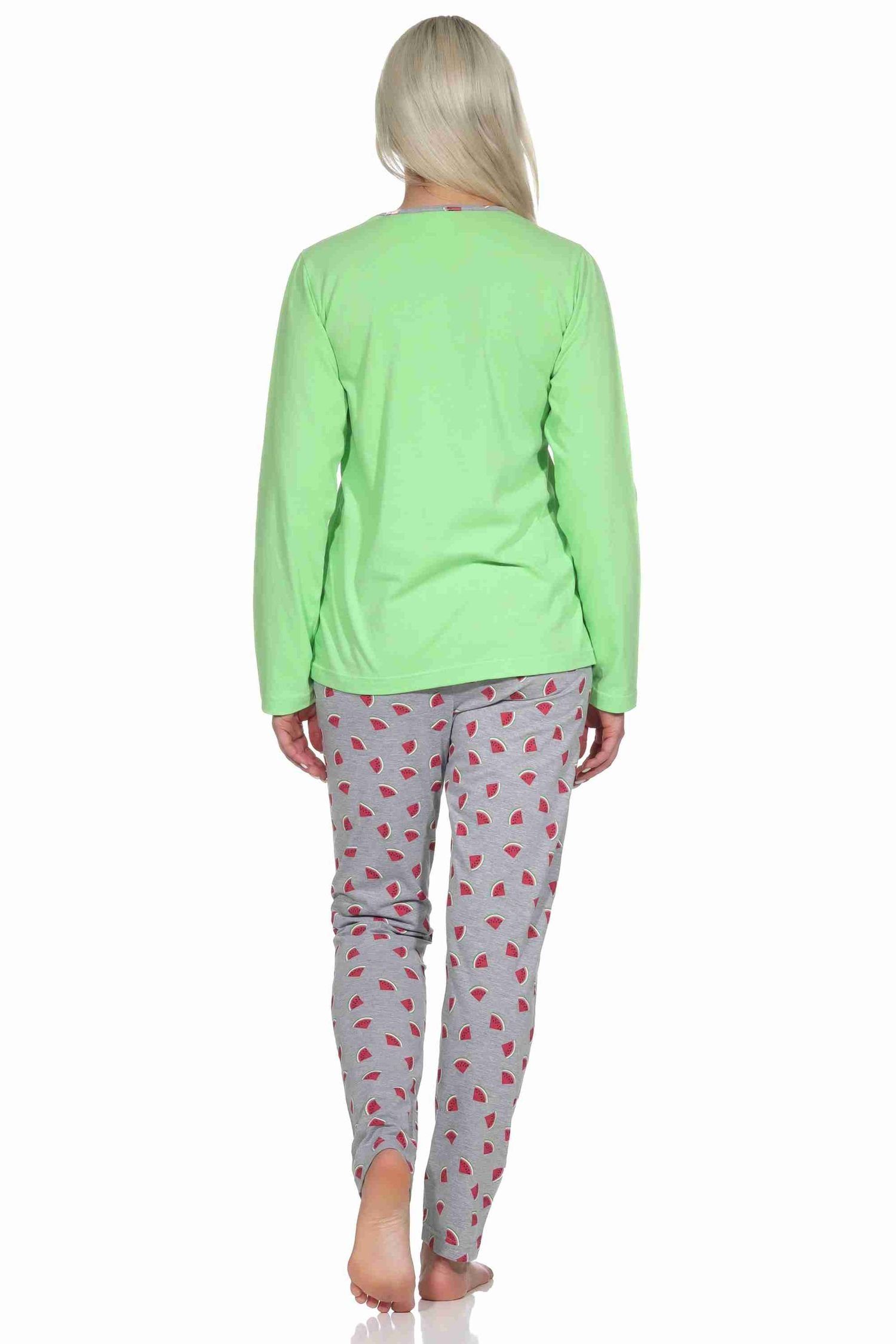 Normann Pyjama Damen Schlafanzug als allover grün Hose bedruckt Melone lang Motiv, mit
