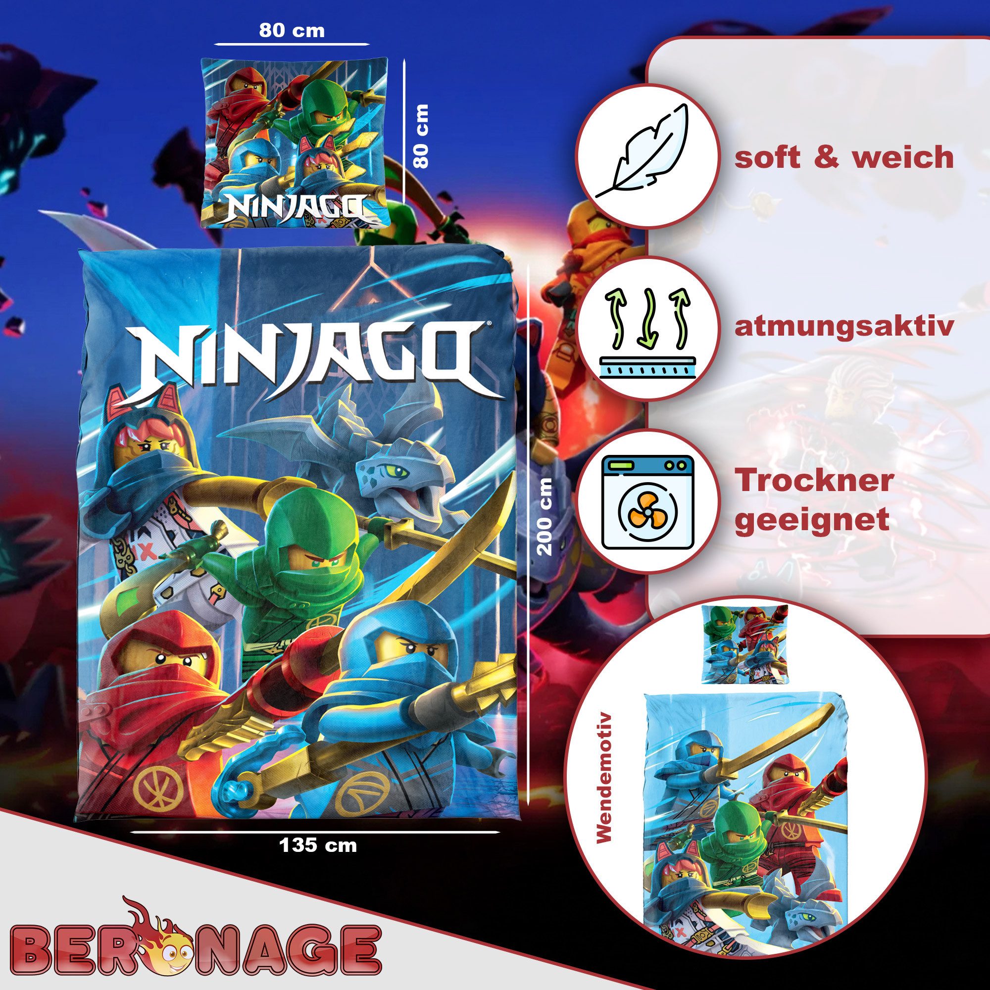 BERONAGE Kinderbettwäsche LEGO Ninjago Save Haven Bettwäsche Linon/Renforcé, Baumwolle, 2 teilig, 135x200 + 80x80 cm