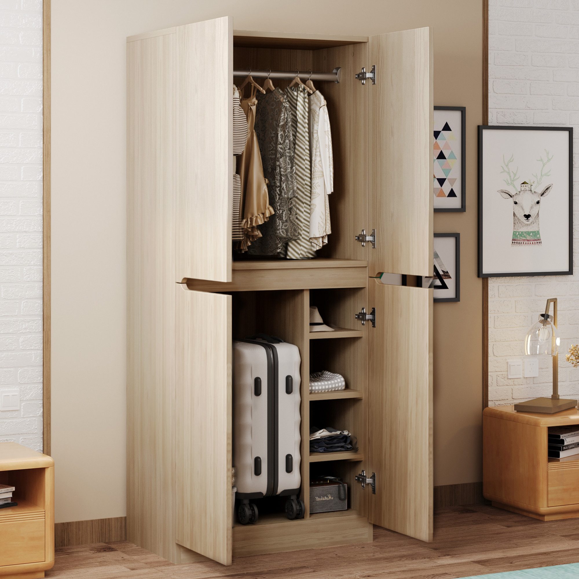 i@home Kleiderschrank Doppeltür Design mit Stauraum & Kleiderstange (70x40x170 cm) Schrank für Schlafzimmer, Kinderzimmer