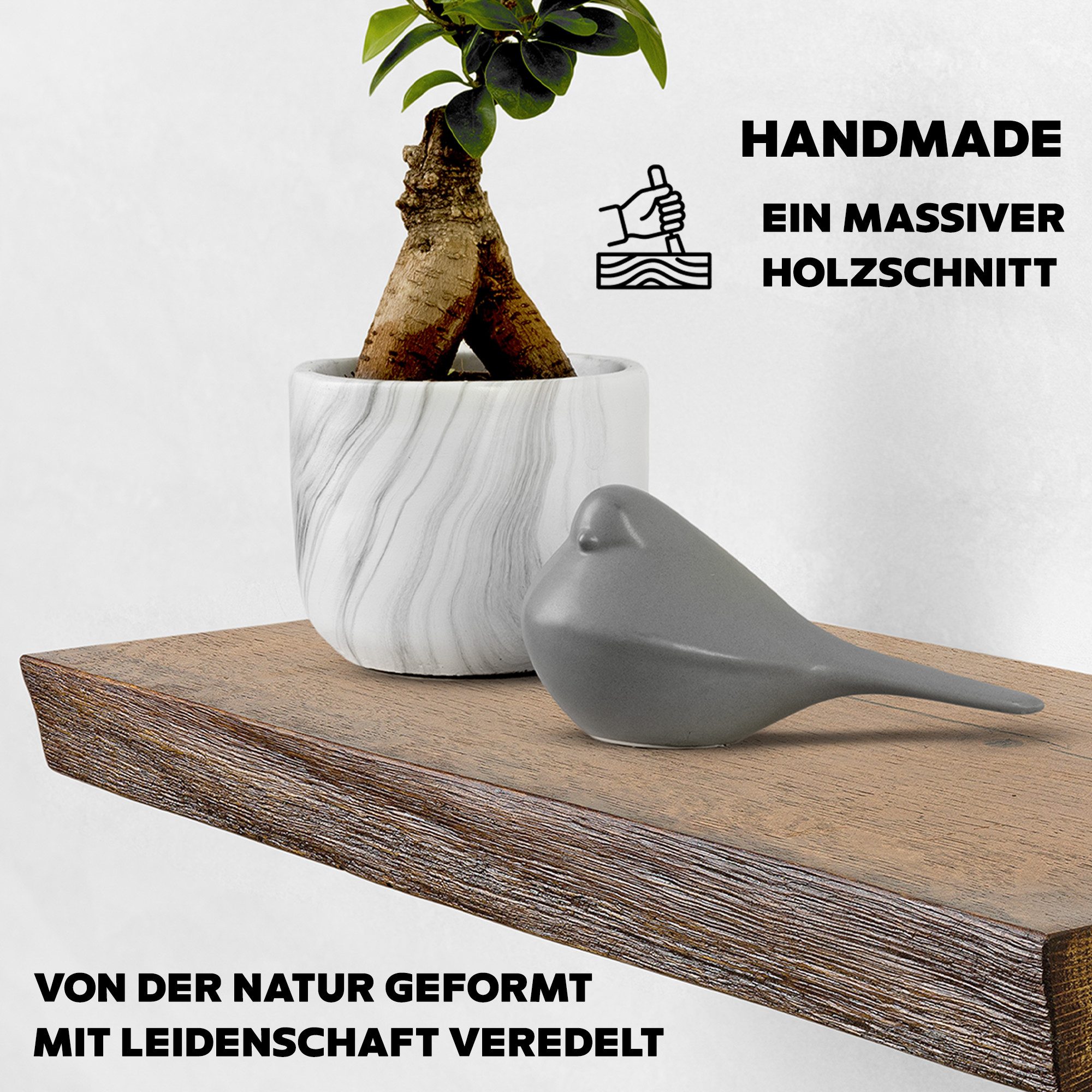 tømmermann Wandregal Schweberegal Holzregal mit Baumkante - Hängeregal aus Massivholz Eiche, Komplett-Set
