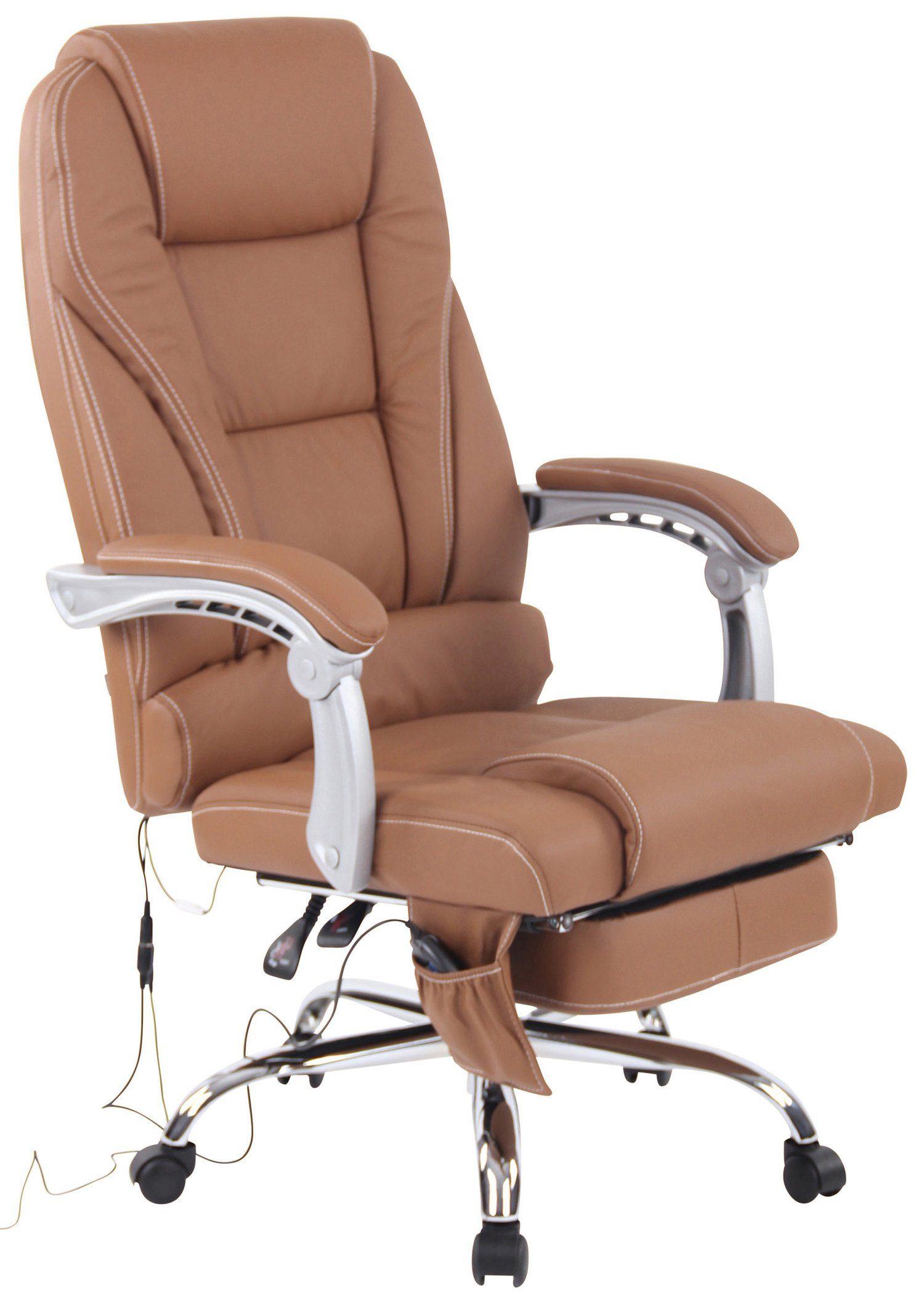 TPFLiving Bürostuhl Pacira mit Massagefunktion - höhenverstellbar und 360° drehbar (Schreibtischstuhl, Drehstuhl, Chefsessel, Bürostuhl XXL), Gestell: Metall chrom - Sitzfläche: Echtleder hellbraun
