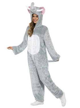 Smiffys Kostüm Flauschiger Elefant Kapuzenoverall Kostüm, Gemütlicher Einteiler mit Tierkapuze